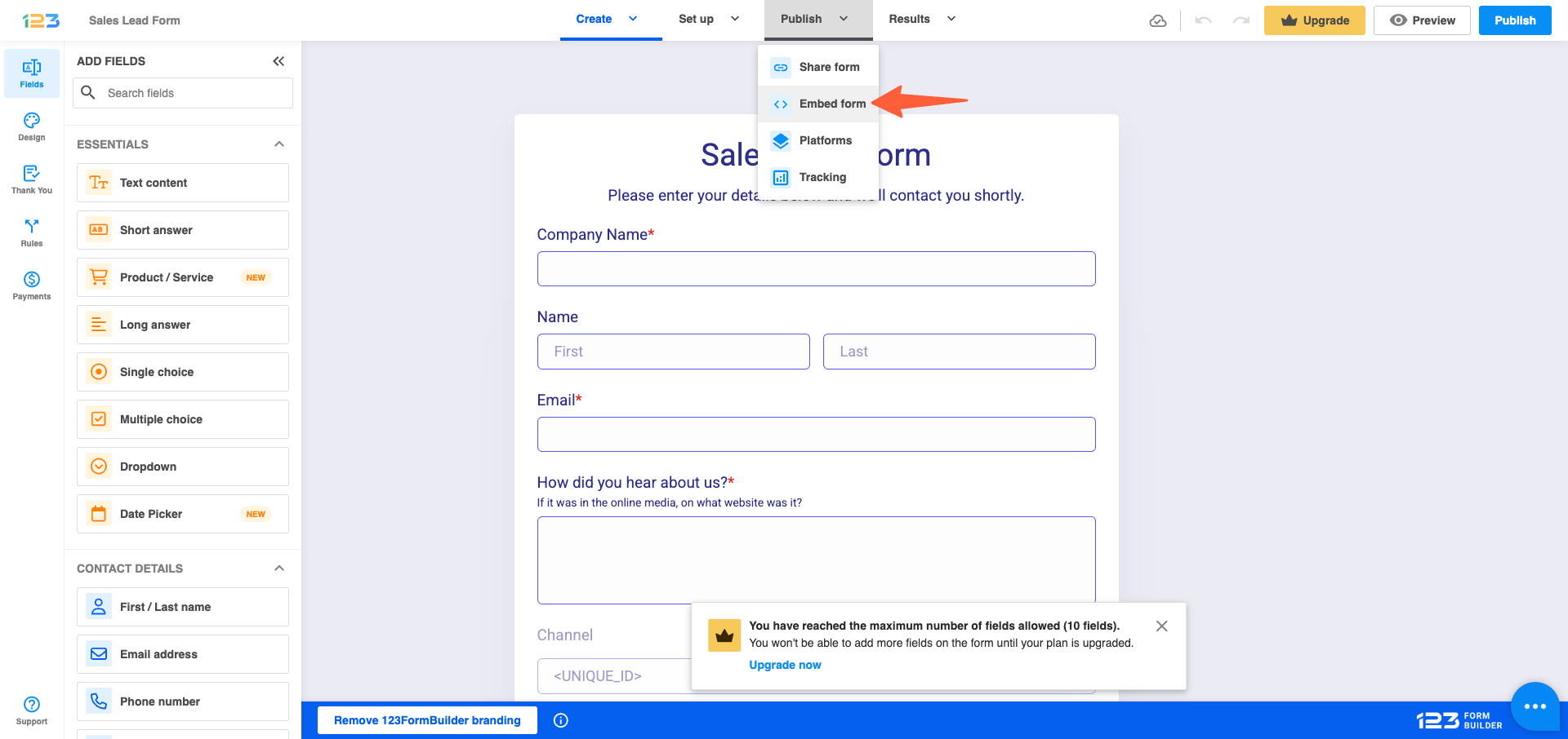 123FormBuilder Publish menu with the Embed option