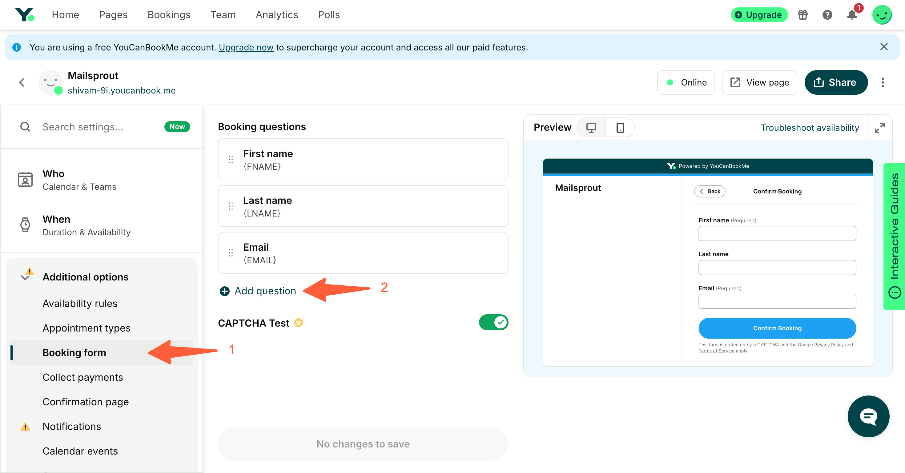 YouCanBookMe Booking Form sidebar with the Add Question button highlighted