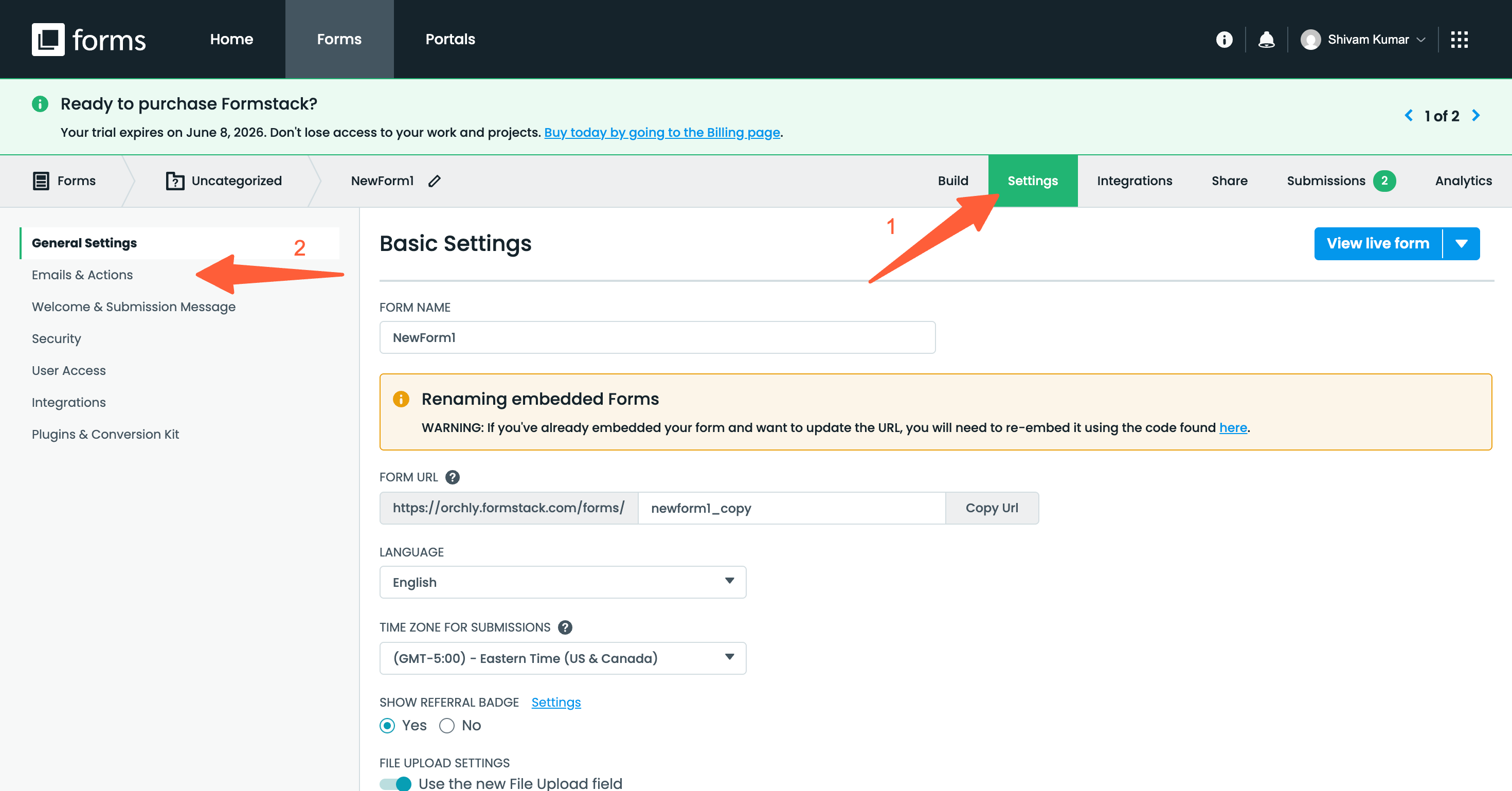 Formstack Settings page showing the Emails and Actions option