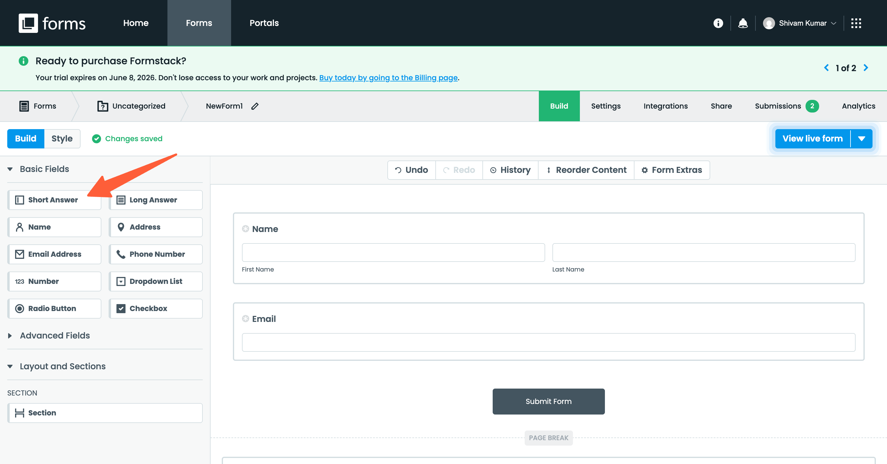 Formstack form builder with the Short answer field being added
