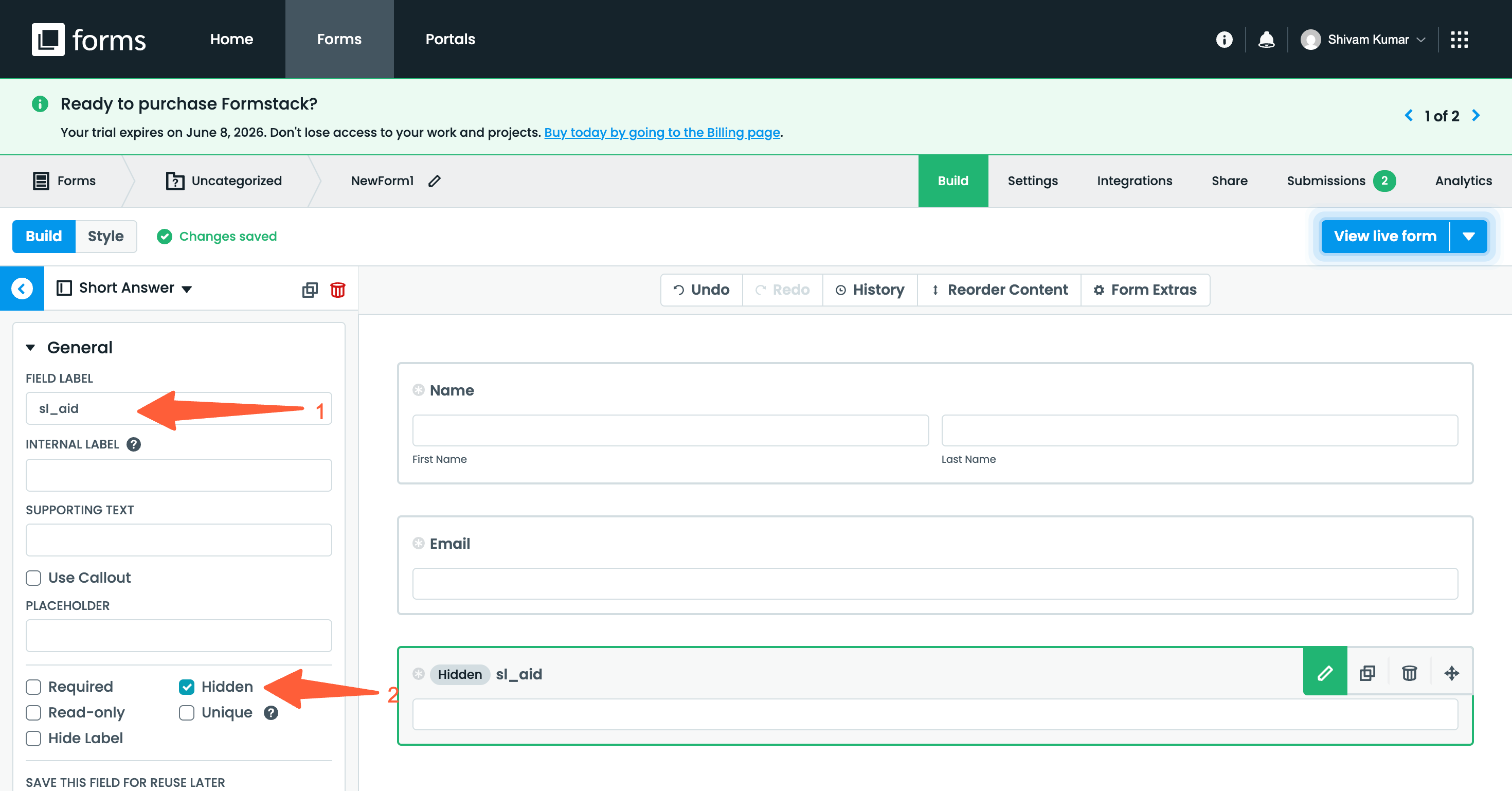Formstack field configured with sl_aid label and Hidden checkbox enabled