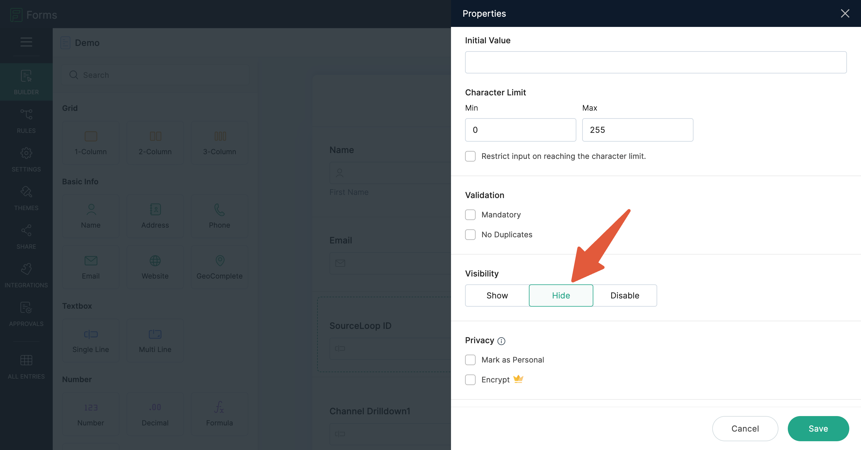Zoho Forms Field Visibility set to Hide