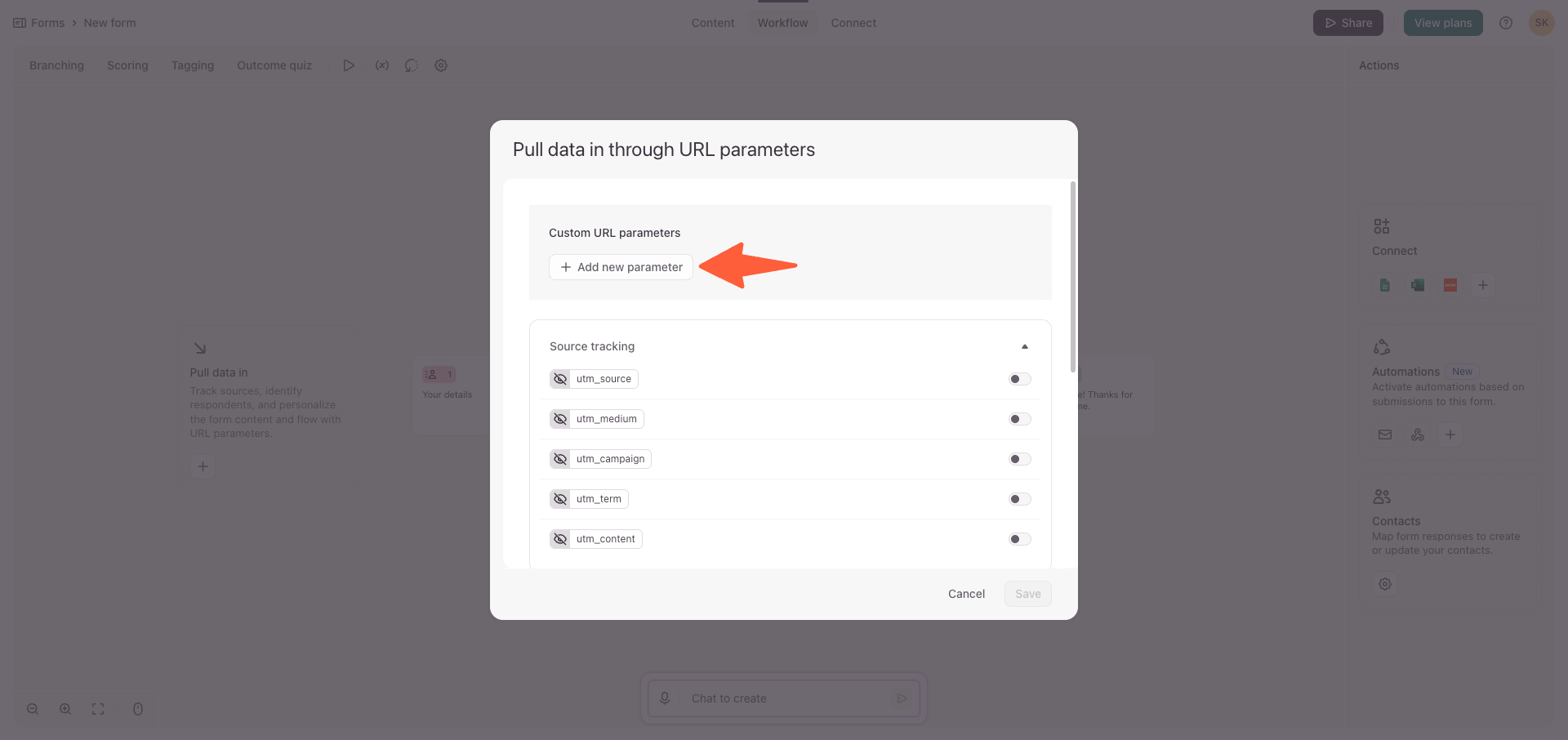 Typeform parameter configuration with Add new parameter button