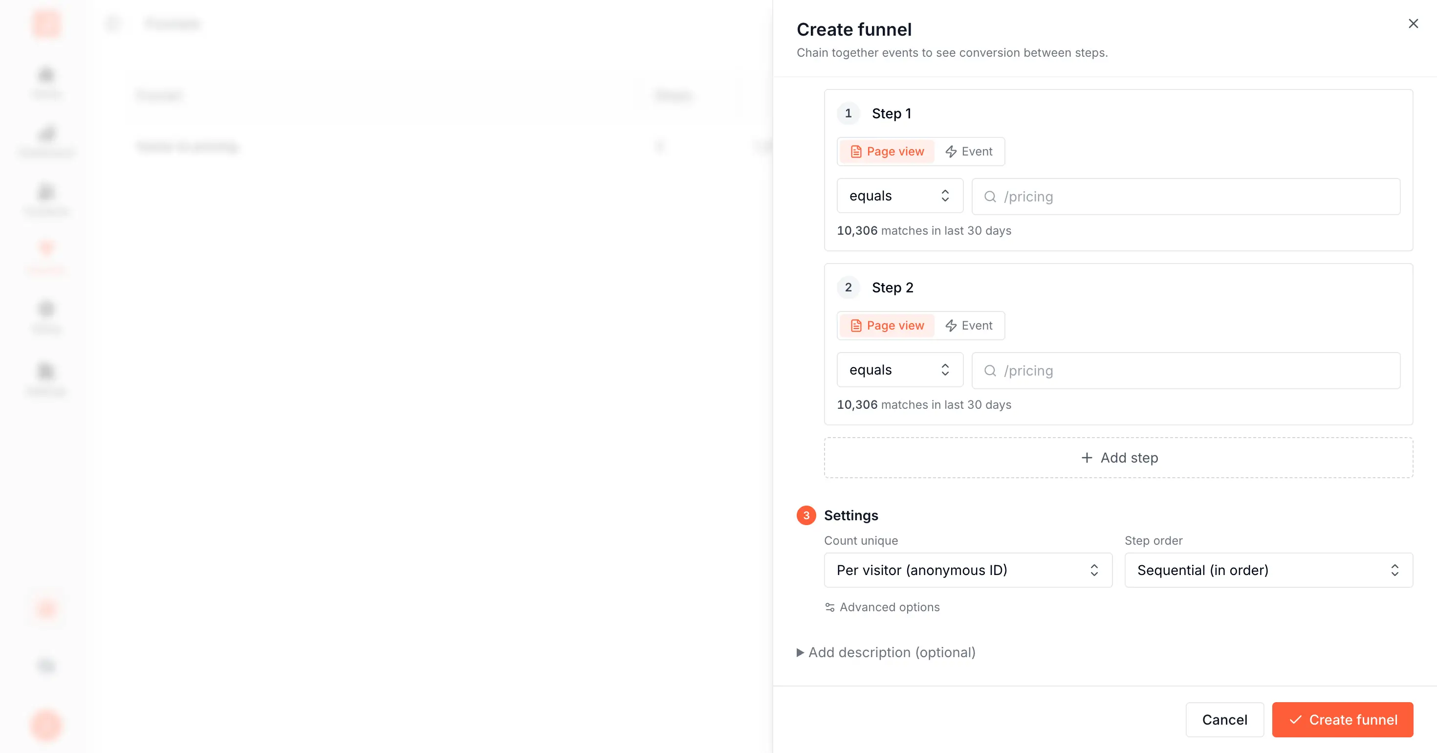 SourceLoop Create funnel drawer with the Settings section visible, showing Count unique (Per visitor anonymous ID), Step order (Sequential in order), and the Advanced options link
