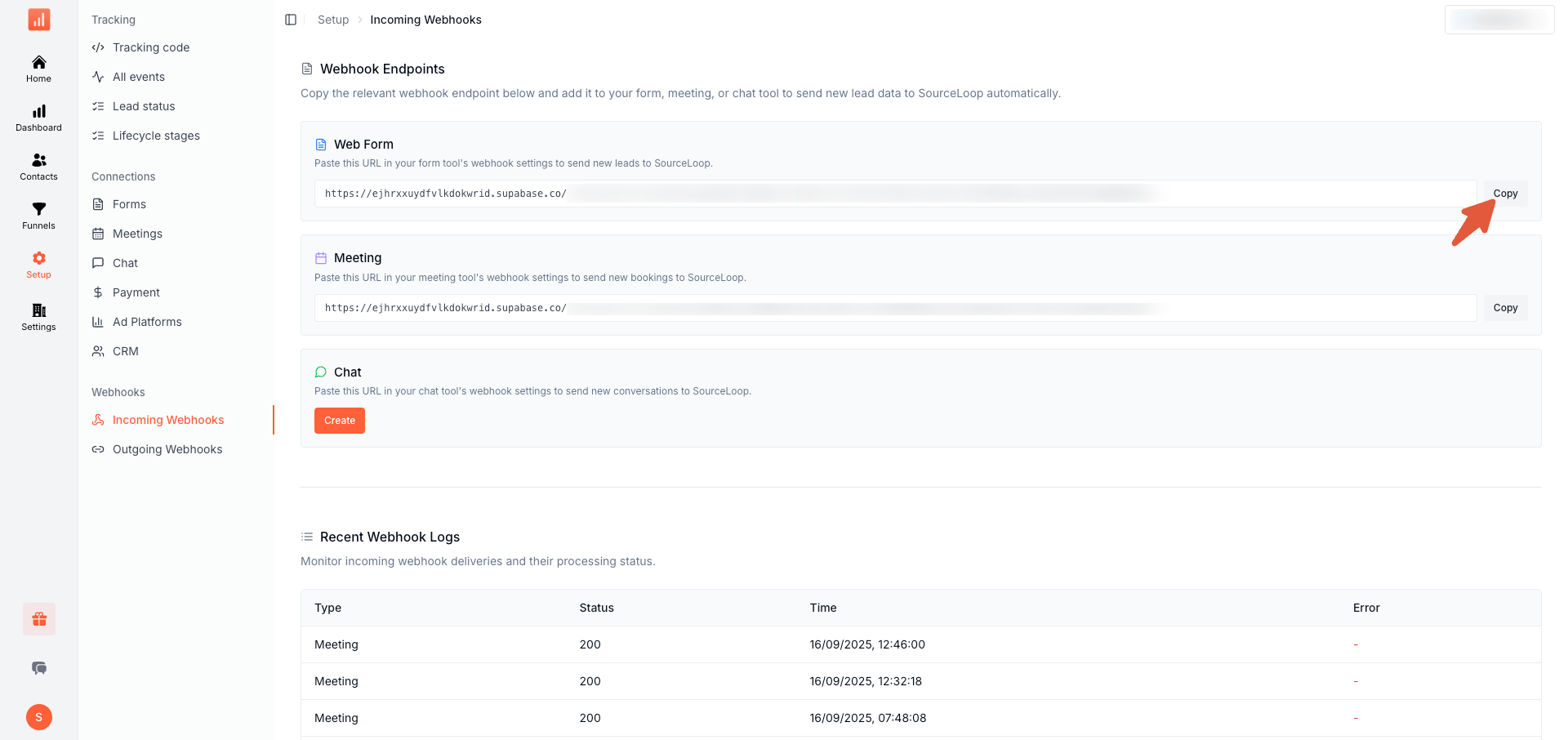SourceLoop Setup page on the Incoming Webhooks tab