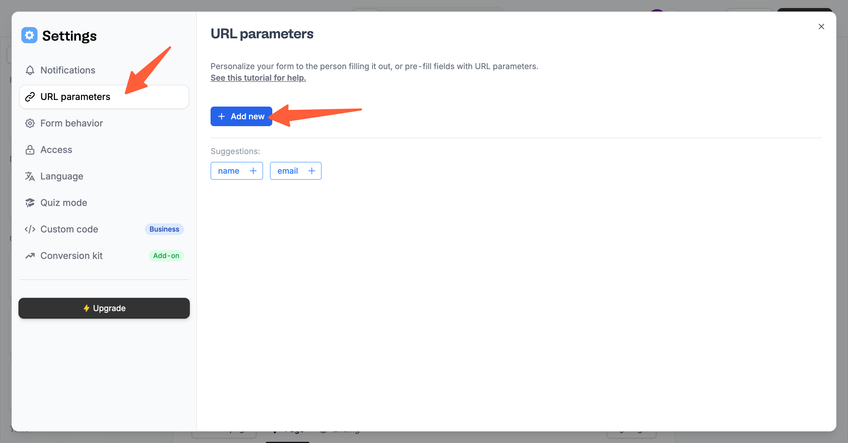 Fillout URL Parameters section with Add New button
