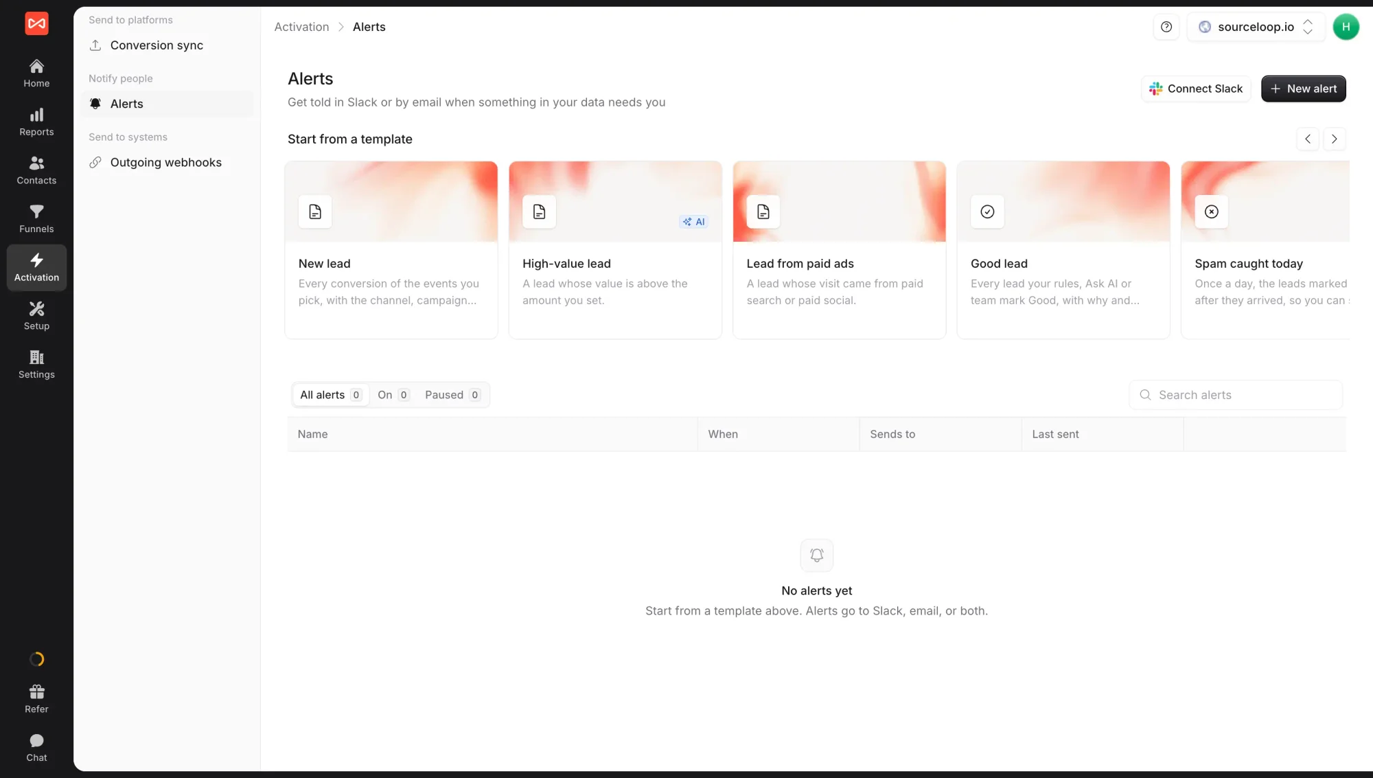 SourceLoop Activation Alerts page with the Connect Slack and New alert buttons, a row of alert templates, and the alerts table with All, On, and Paused tabs