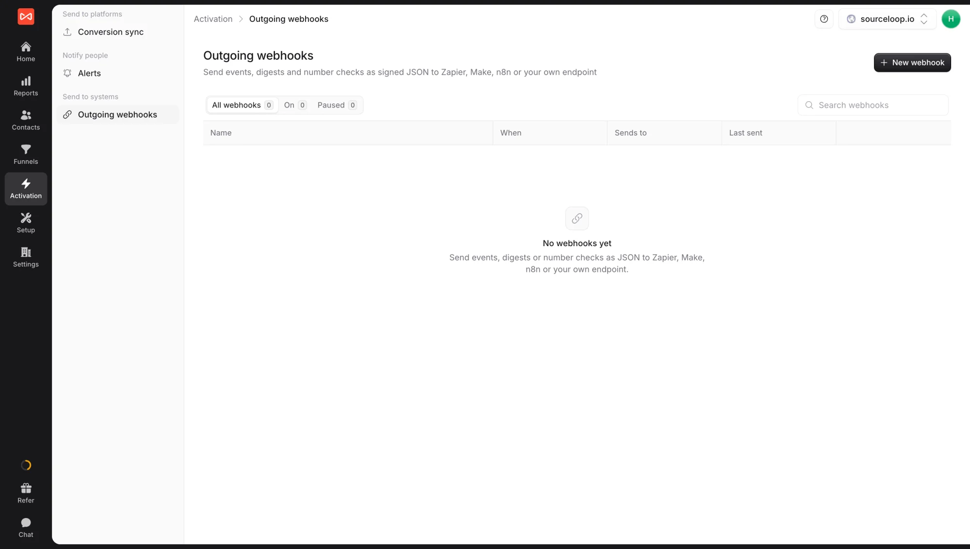 SourceLoop Activation Outgoing webhooks page with the New webhook button and the webhooks table with All, On, and Paused tabs