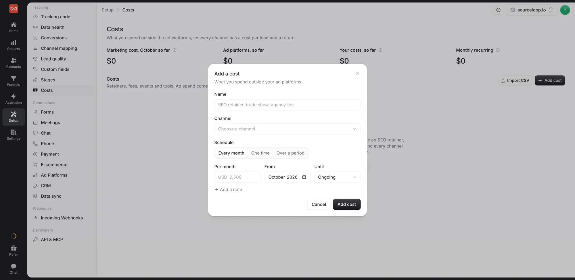 SourceLoop Add a cost dialog with name, channel, a schedule of every month, one time, or over a period, the amount per month, the start month, and until