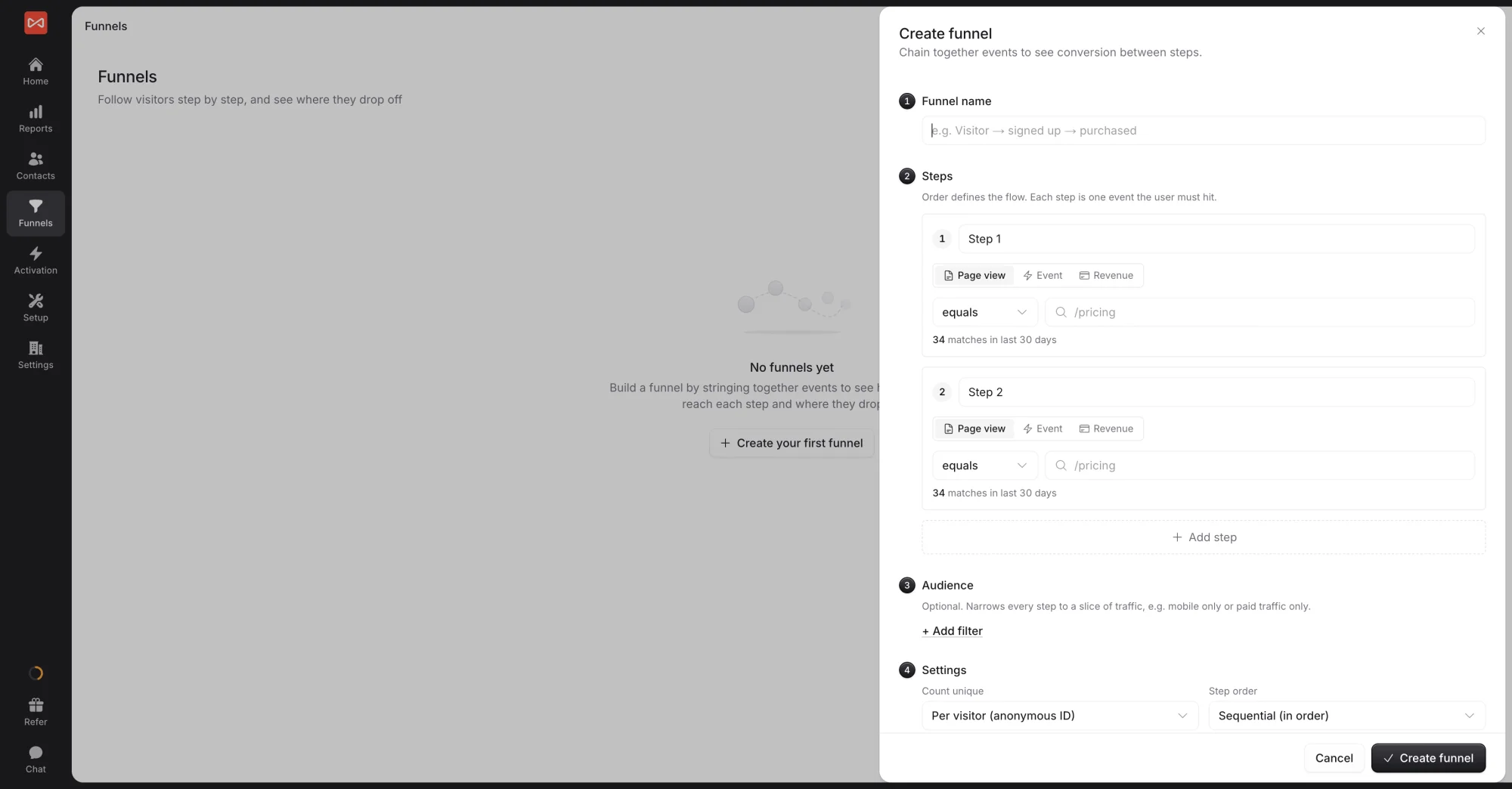 SourceLoop Create funnel drawer with sections for the funnel name, steps with Page view, Event, and Revenue options, audience filters, and settings for counting and step order