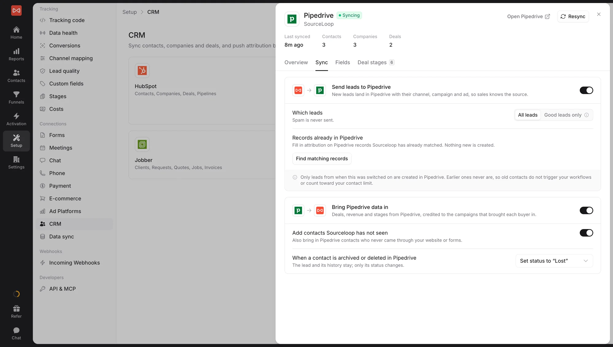 SourceLoop Pipedrive drawer on the Sync tab with Send leads to Pipedrive switched on, a choice of all leads or good leads only, Find matching records, and Bring Pipedrive data in switched on