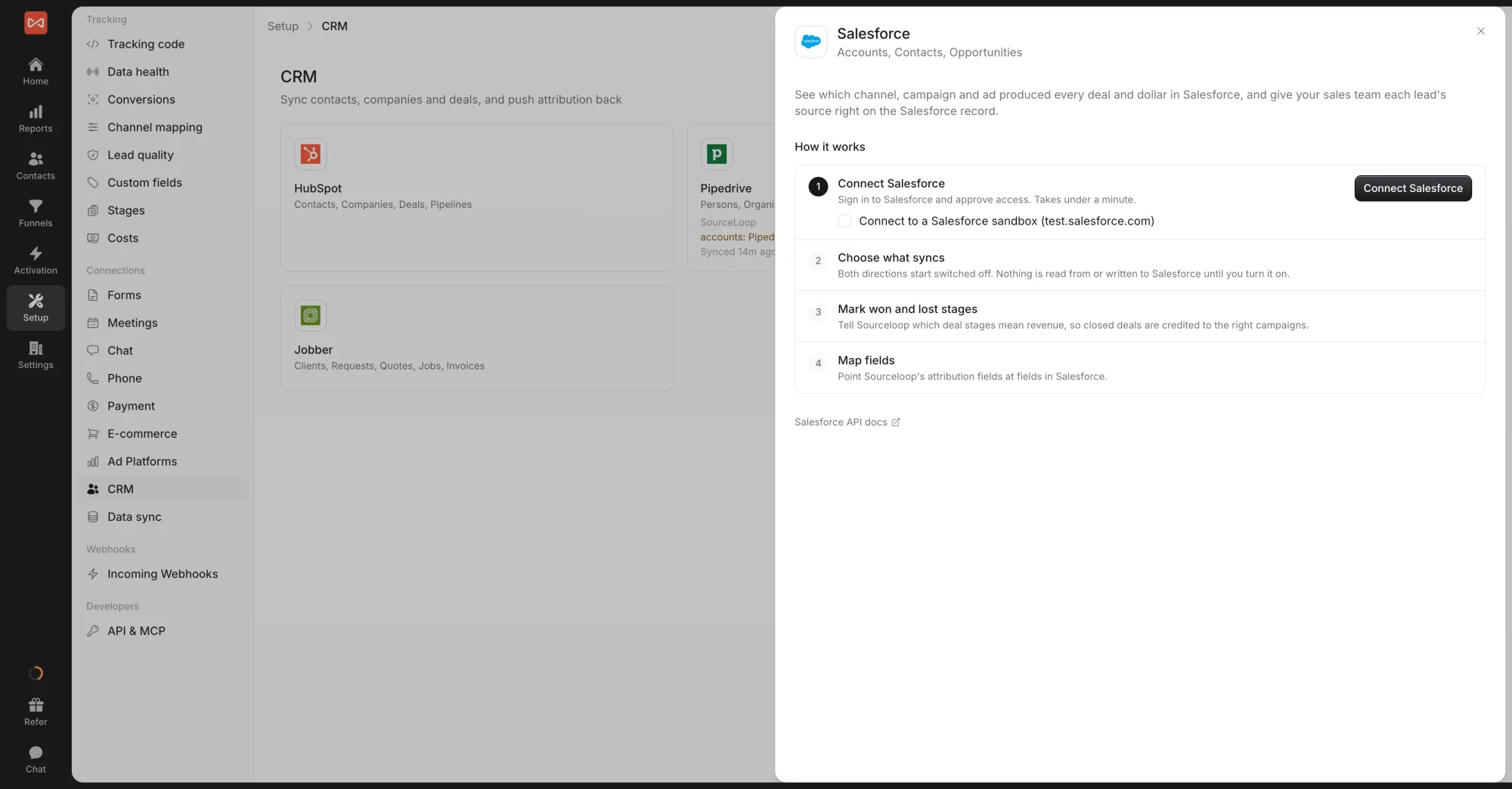 SourceLoop Salesforce drawer explaining the four setup steps, with the Connect Salesforce button and the sandbox option