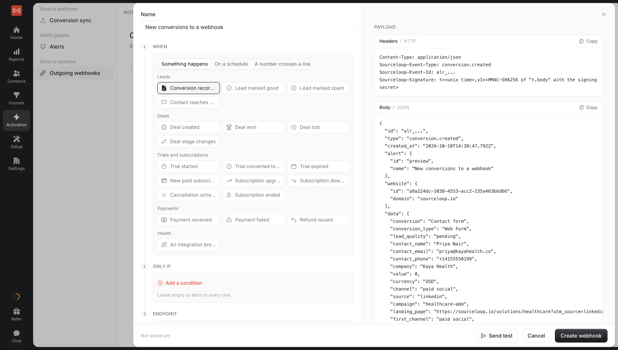 SourceLoop outgoing webhook builder with event tiles under When, an Only if step, and a payload preview showing the request headers and JSON body