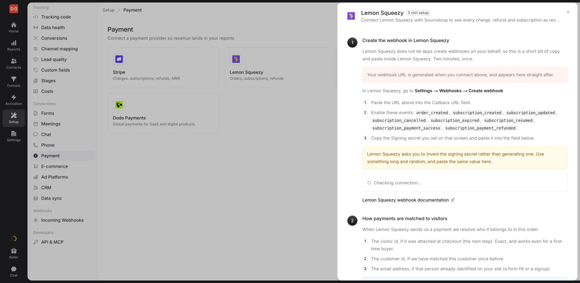 SourceLoop Lemon Squeezy drawer with the webhook setup steps, the Lemon Squeezy events to enable, and the note to choose your own signing secret