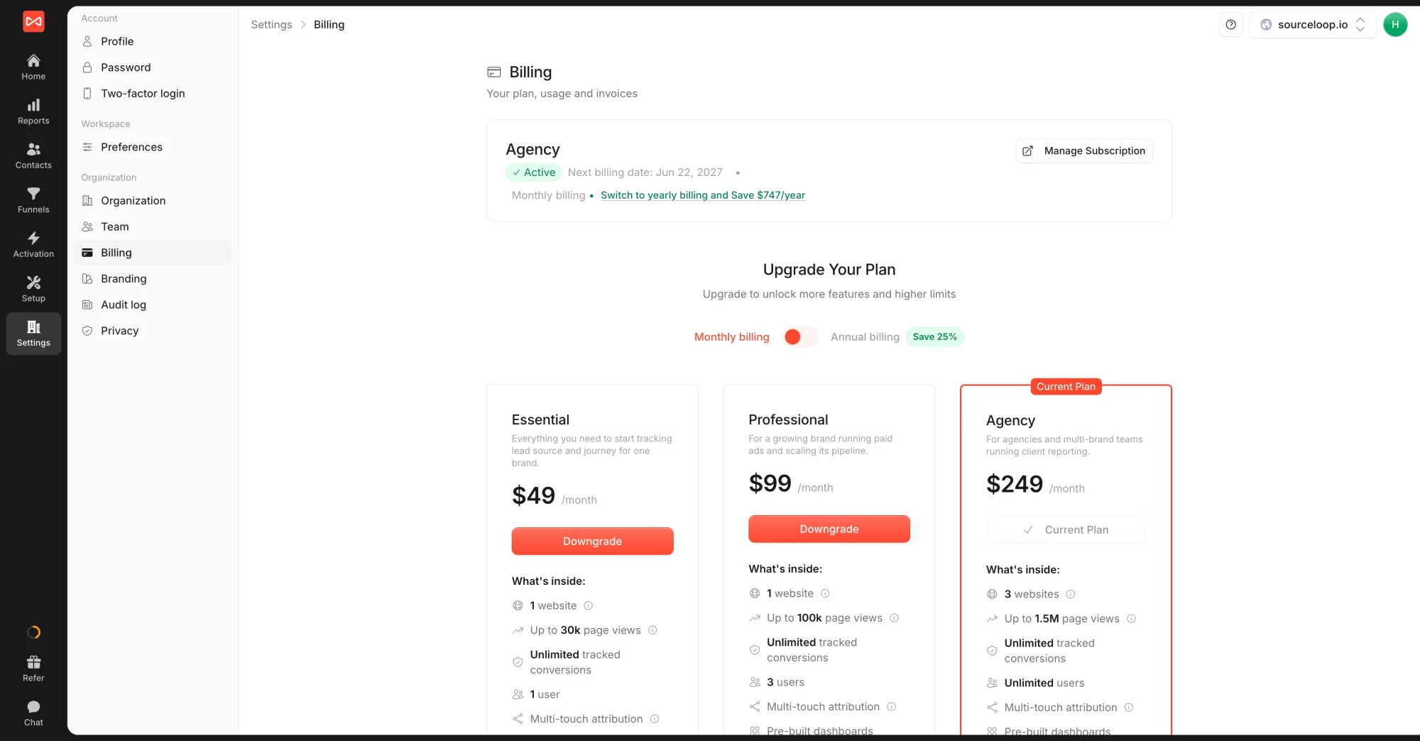 SourceLoop Settings Billing page showing the current plan, the Manage Subscription button, and the plan cards