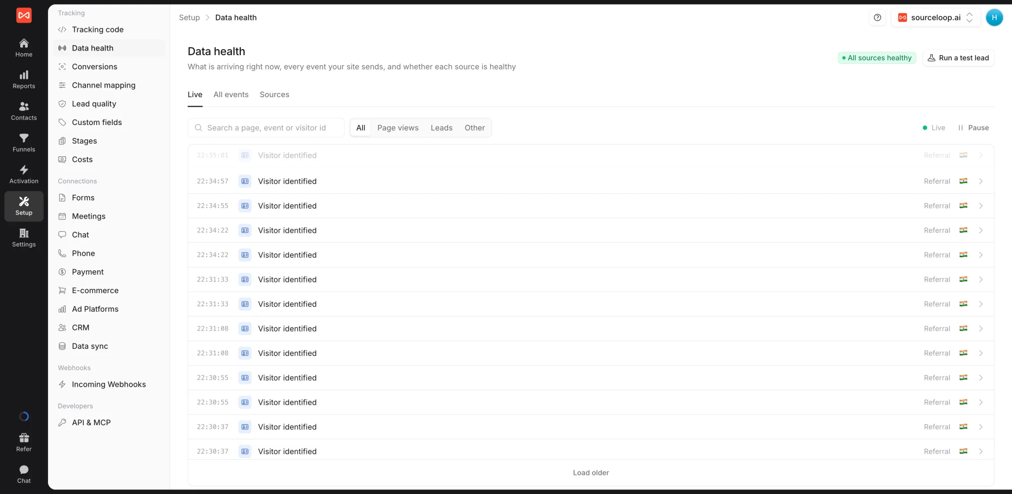 SourceLoop Setup Data health page on the Live tab, listing recent events with their channel and country, with All, Page views, Leads, and Other filters and the Run a test lead button