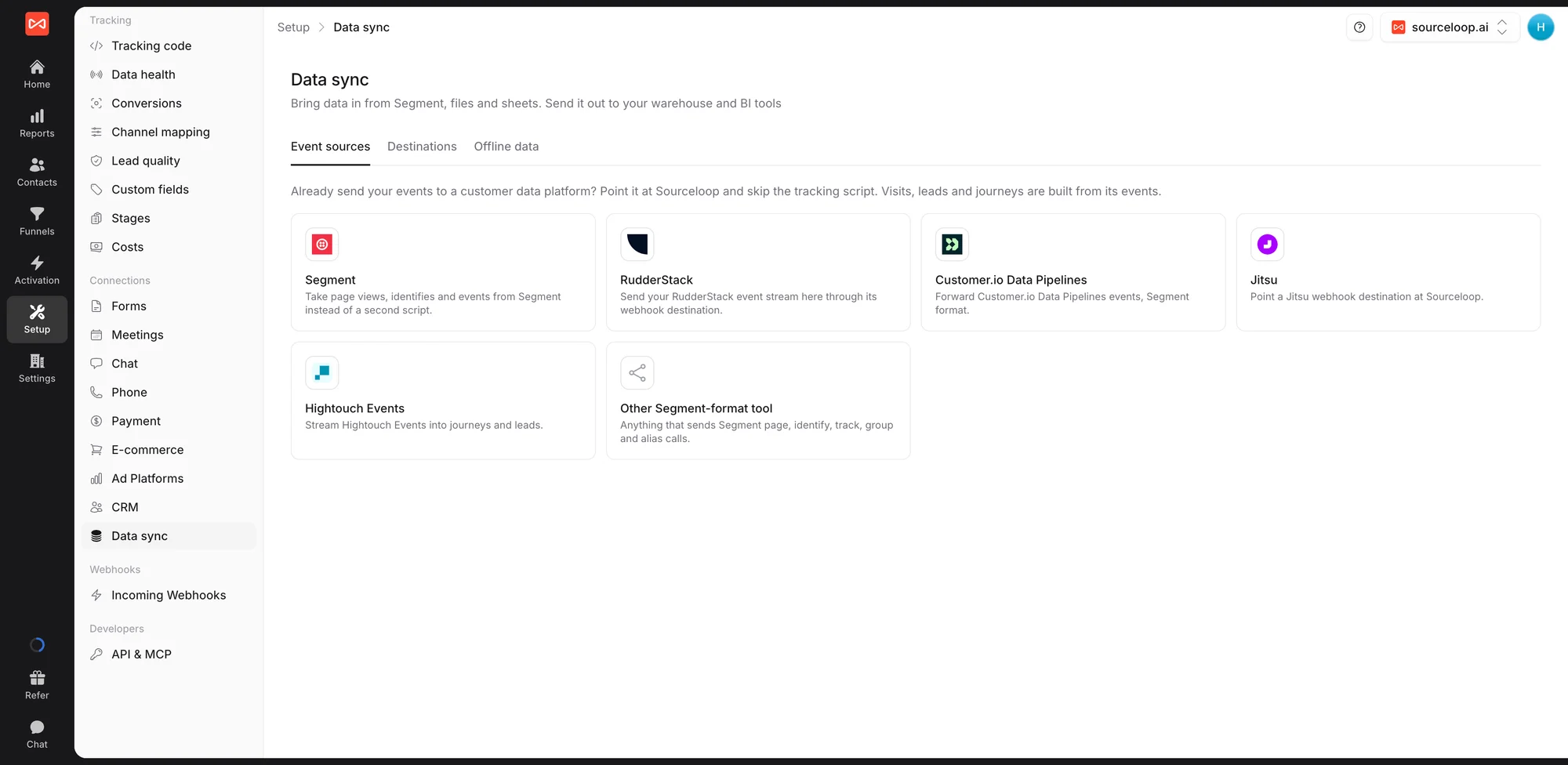 SourceLoop Setup Data sync page on the Event sources tab with cards for Segment, RudderStack, Customer.io Data Pipelines, Jitsu, Hightouch Events, and other Segment-format tools