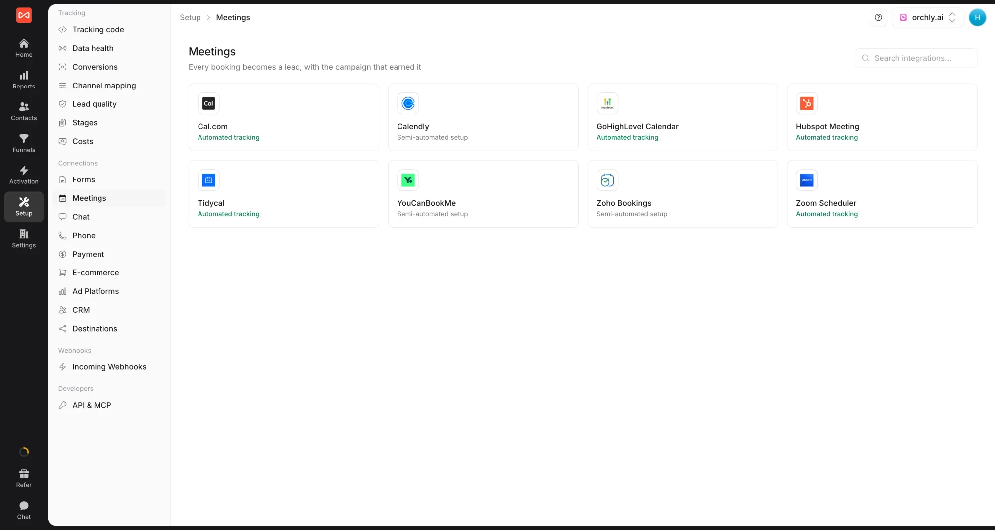 SourceLoop Setup Meetings page with the YouCanBookMe card, which opens the drawer holding your webhook URL