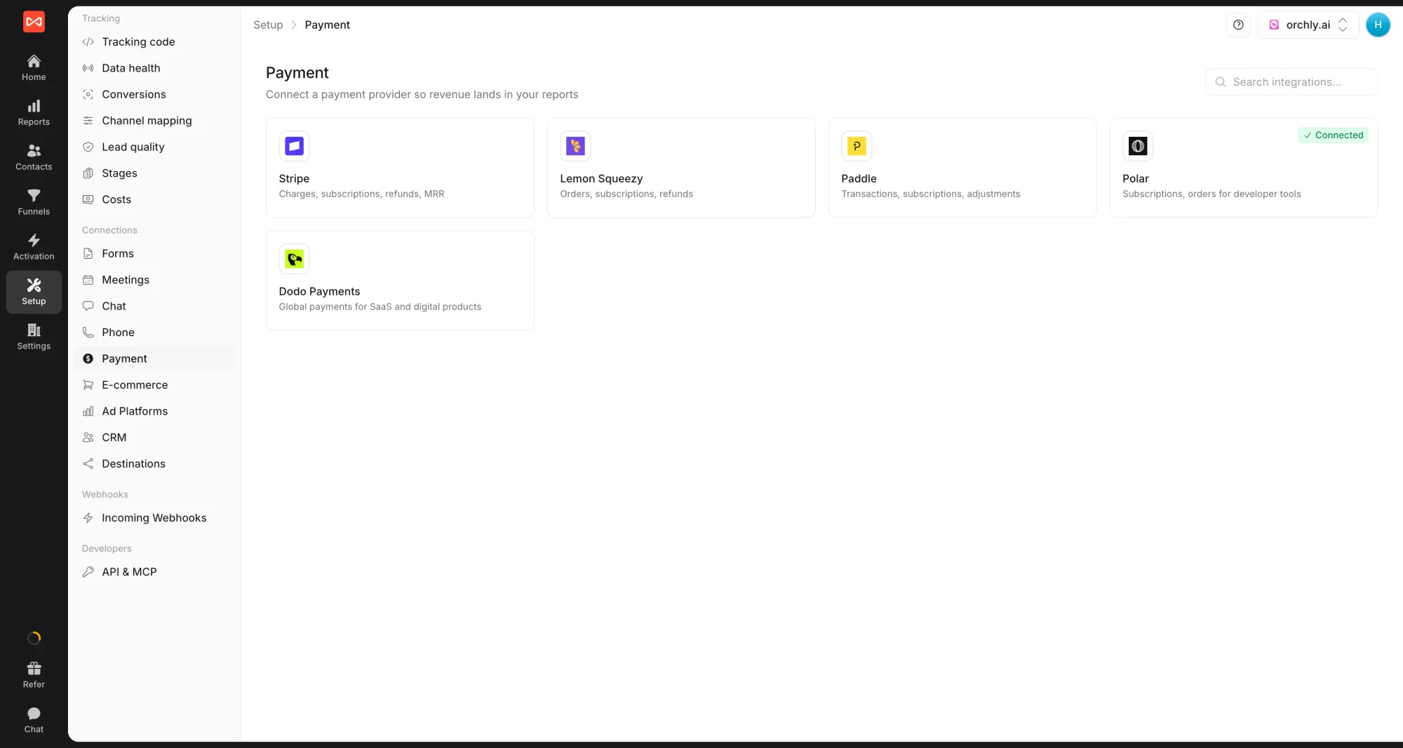 SourceLoop Setup Payment page showing the Stripe, Lemon Squeezy, Paddle, Polar, and Dodo Payments cards