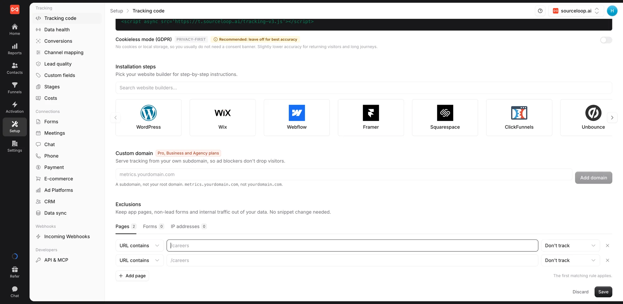 SourceLoop Tracking code page with the Exclusions section open on the Pages tab, showing URL contains rules set to Don't track and the Save button
