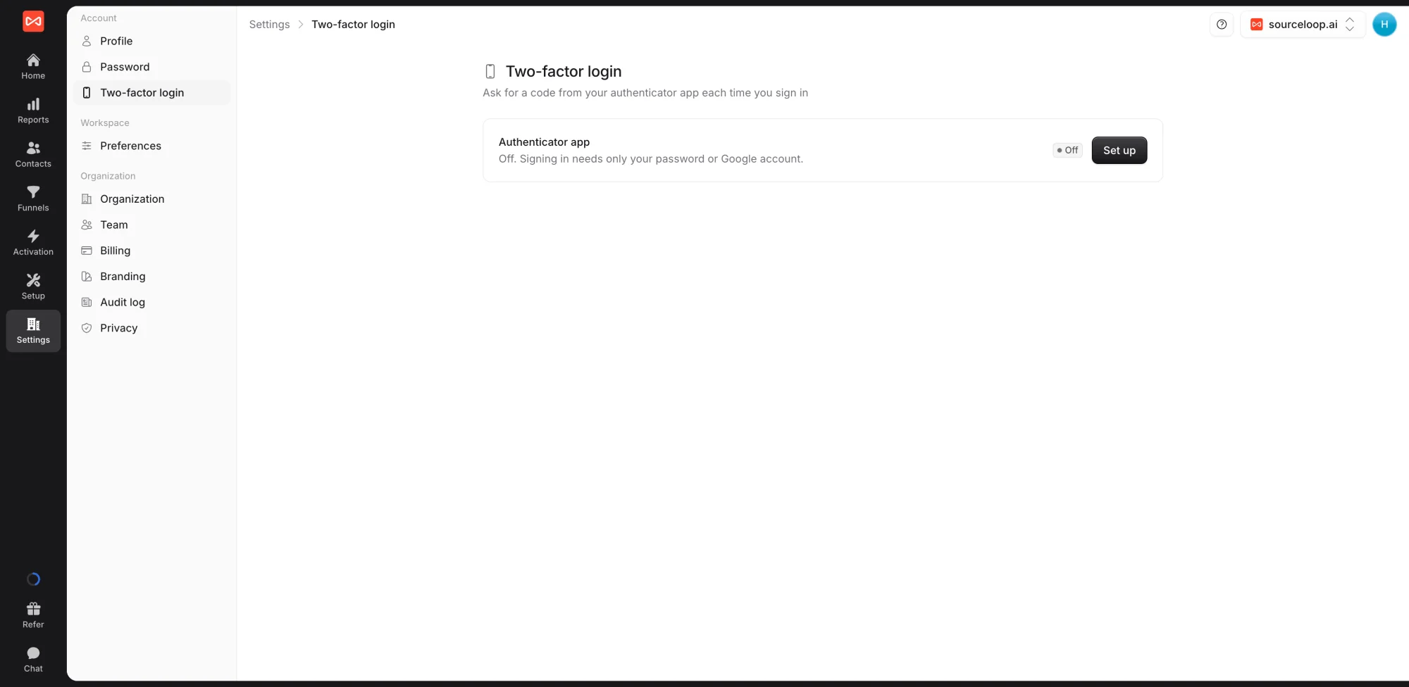 SourceLoop Settings Two-factor login page showing the authenticator app is off, with the Set up button