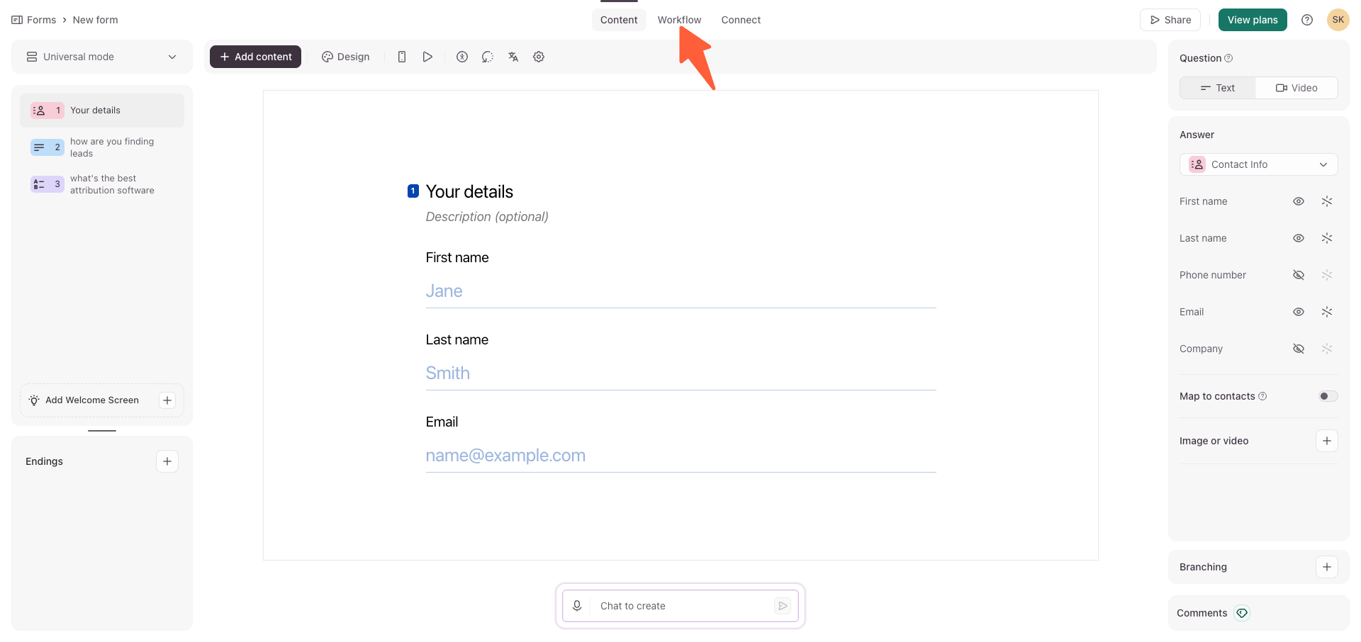 Typeform builder with the Workflow tab highlighted