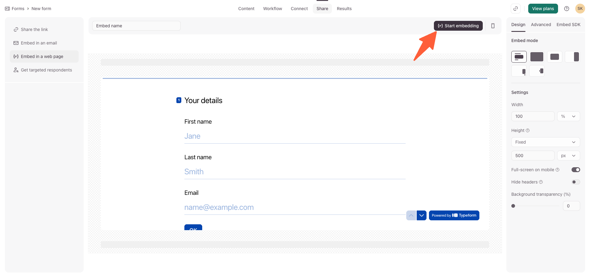 Typeform embed picker showing multiple embed styles