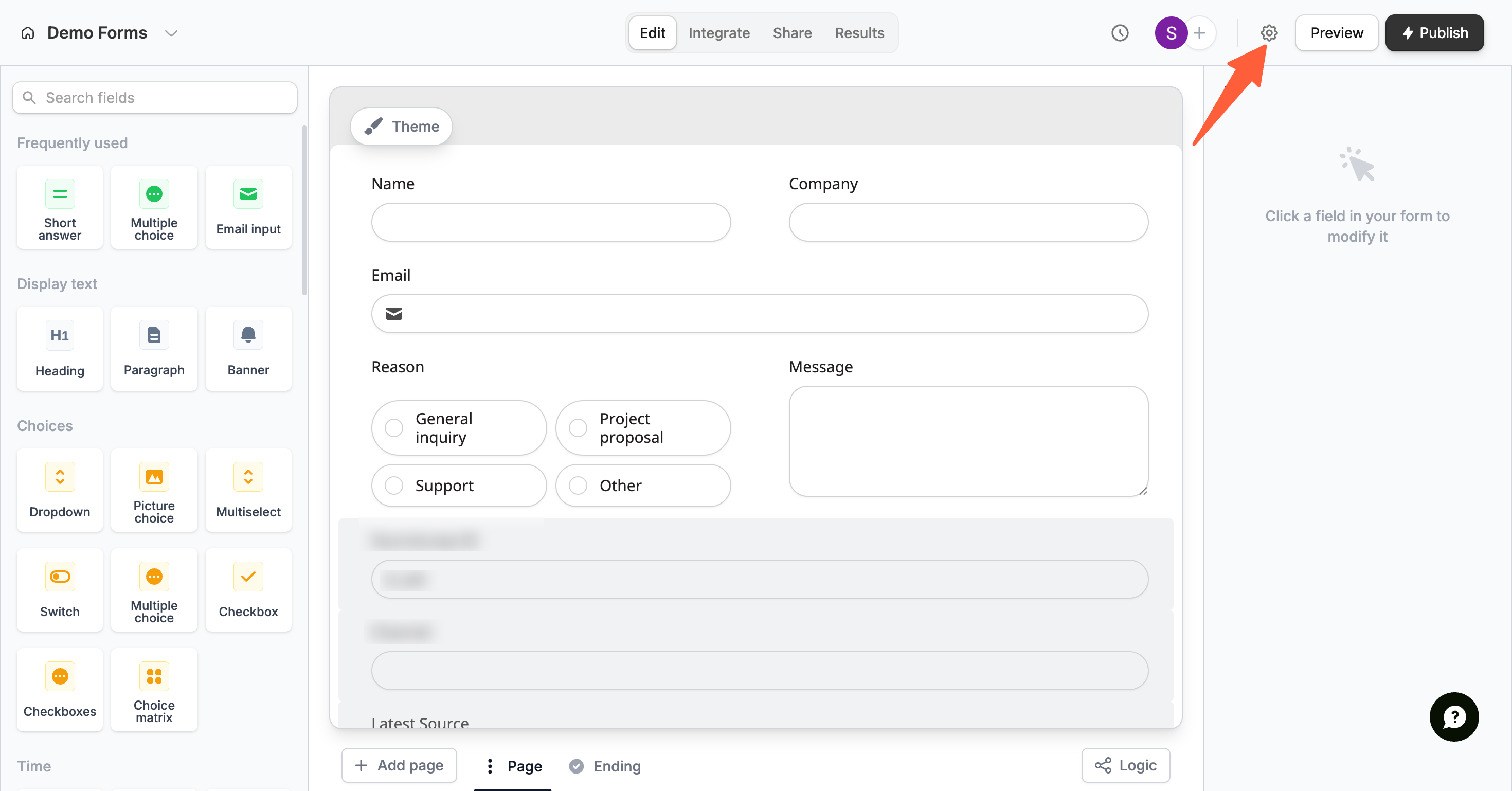 Fillout form Settings page
