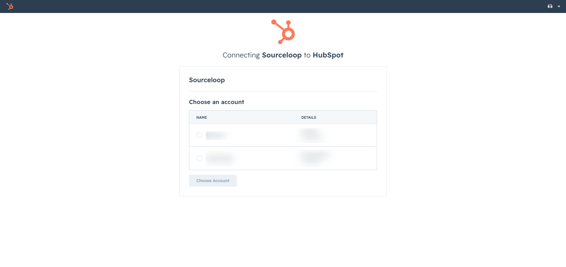 HubSpot Connecting Sourceloop to HubSpot screen with a Choose an account table listing HubSpot portals and a Choose Account button