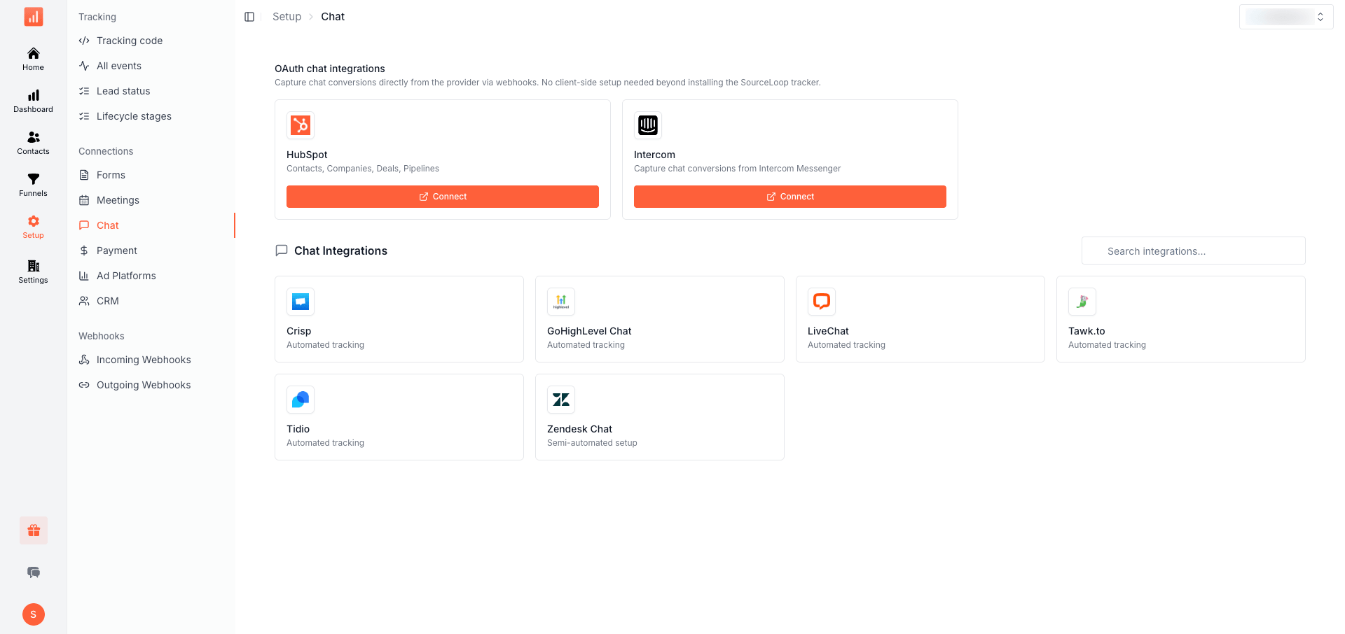 SourceLoop Setup Chat page showing the OAuth chat integrations section with HubSpot and Intercom cards, both with Connect buttons
