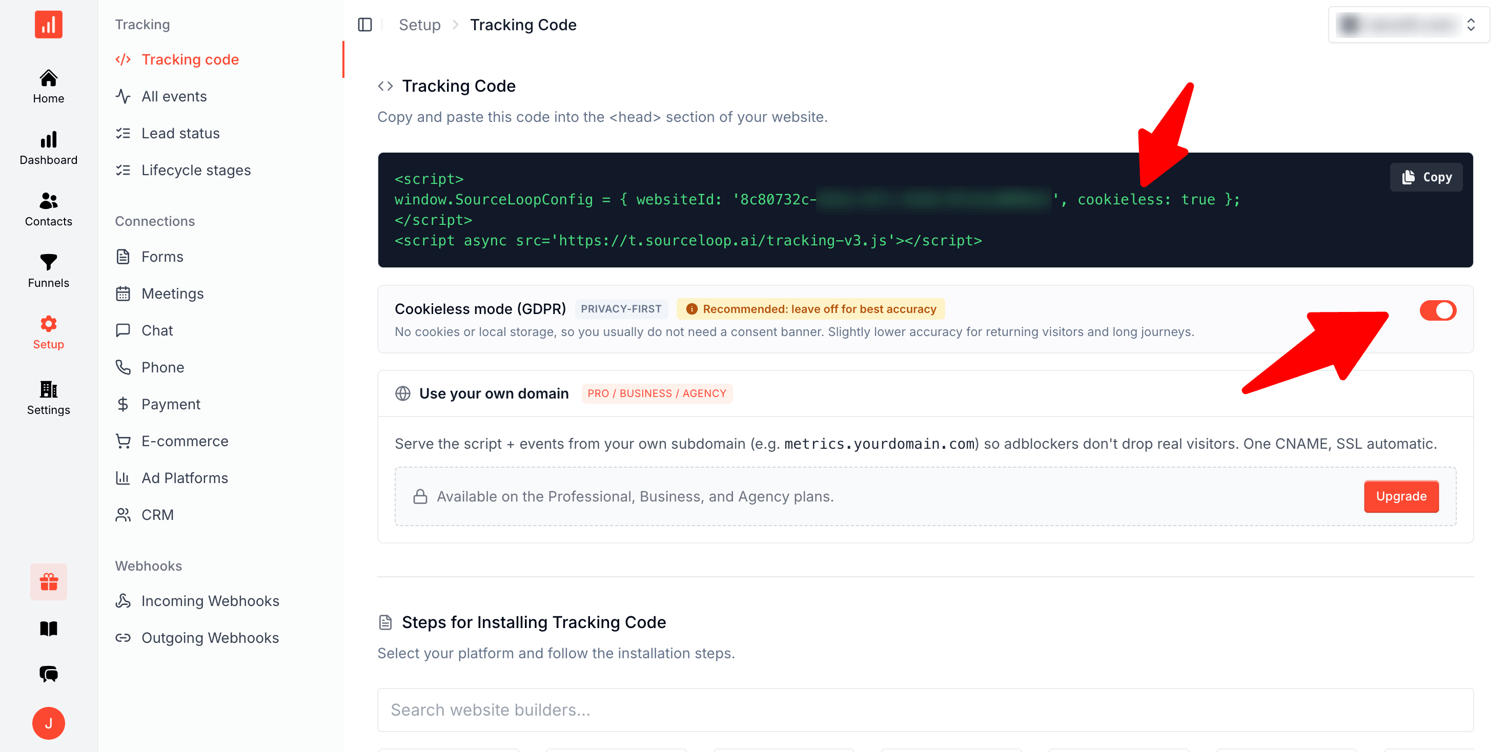 SourceLoop Setup Tracking Code page with the Cookieless mode (GDPR) toggle switched on. The tracking snippet above updates to include cookieless: true, and the toggle row shows a PRIVACY-FIRST label with the note that no cookies or local storage are set so you usually do not need a consent banner.