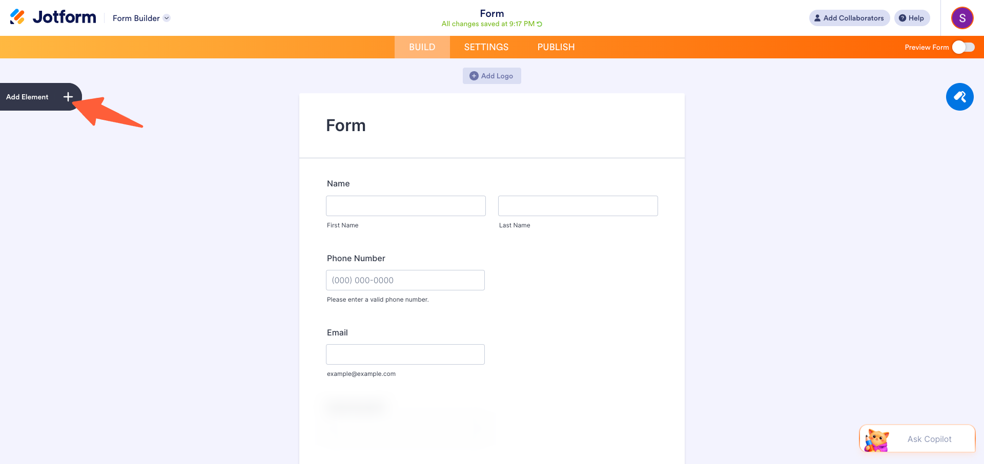 Jotform Add Form Element panel