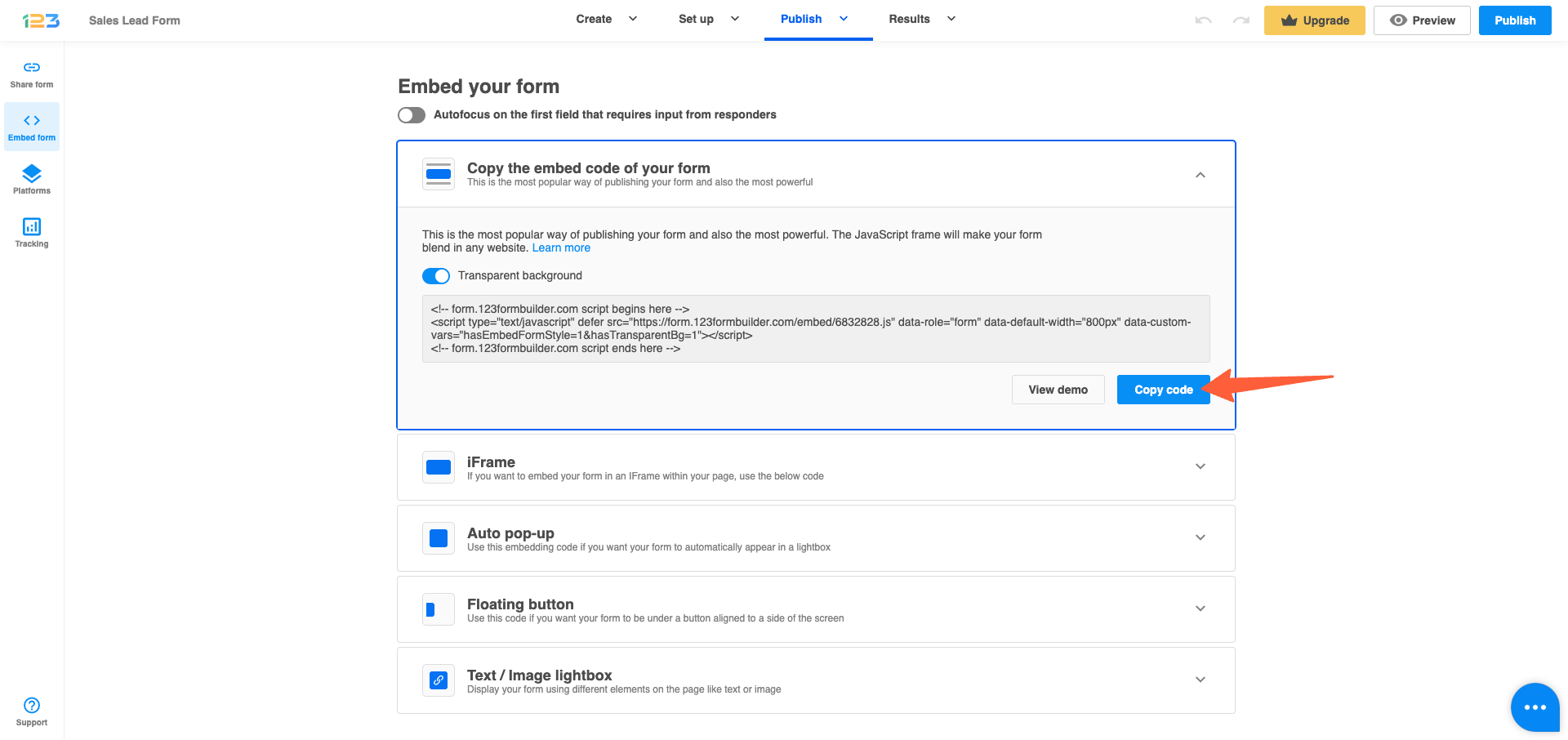 123FormBuilder embed code options