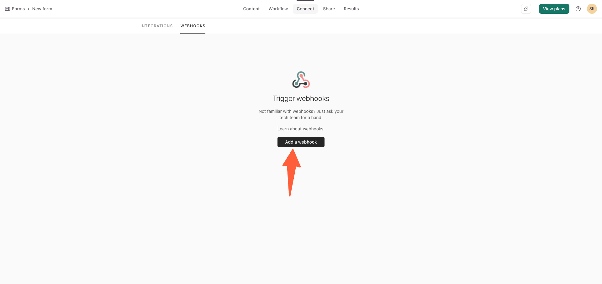 Typeform Add a webhook dialog with the webhook URL field