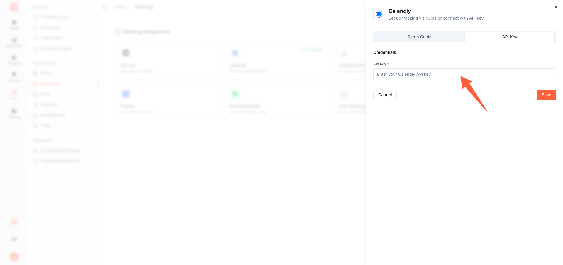 SourceLoop Calendly drawer with the API key field and Save button