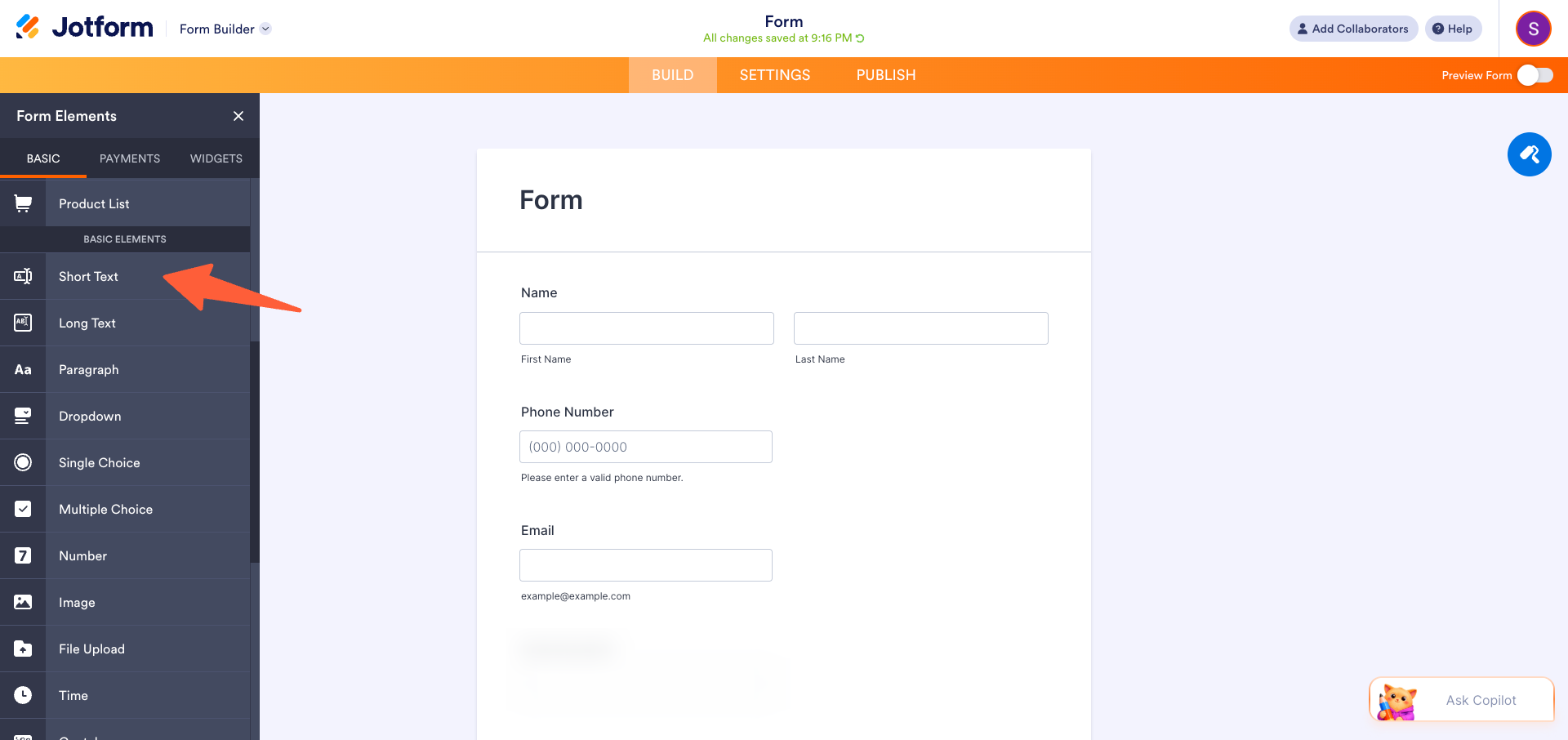 Jotform Short Text field added to the form