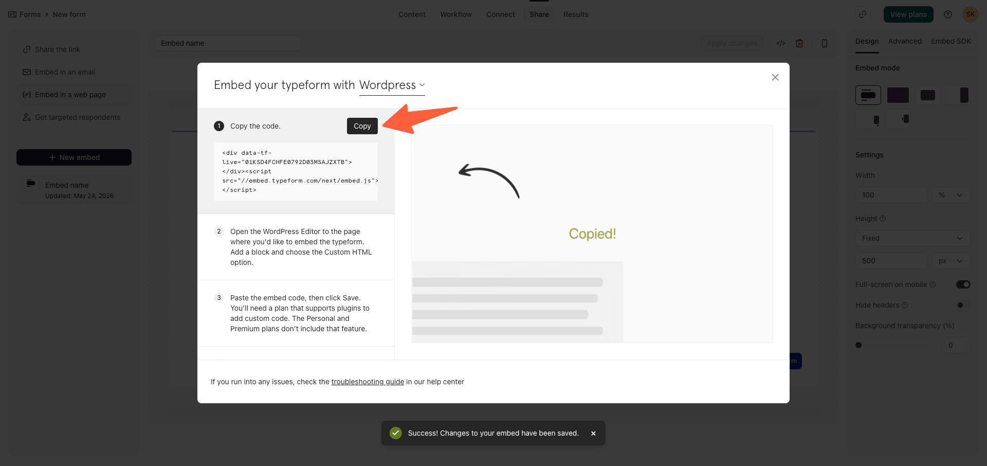 Typeform embed code ready to copy