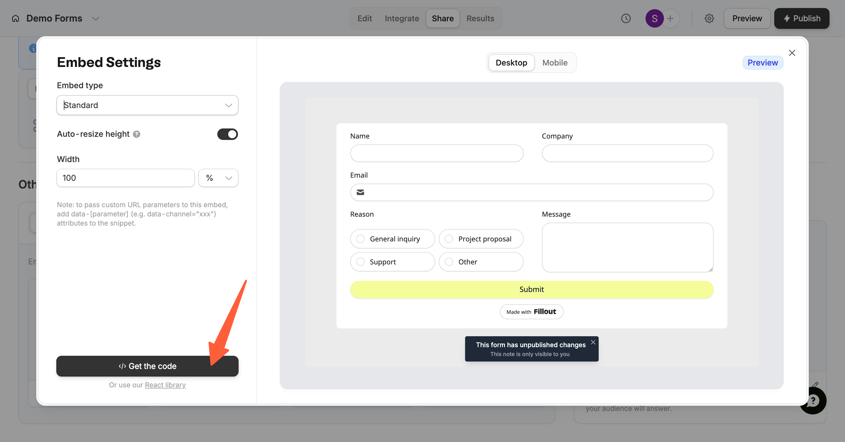 Fillout embed code ready to copy