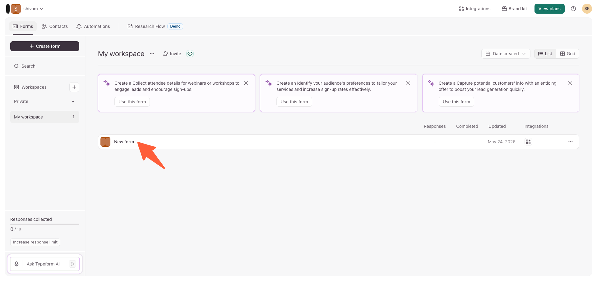 Typeform workspace with a form selected