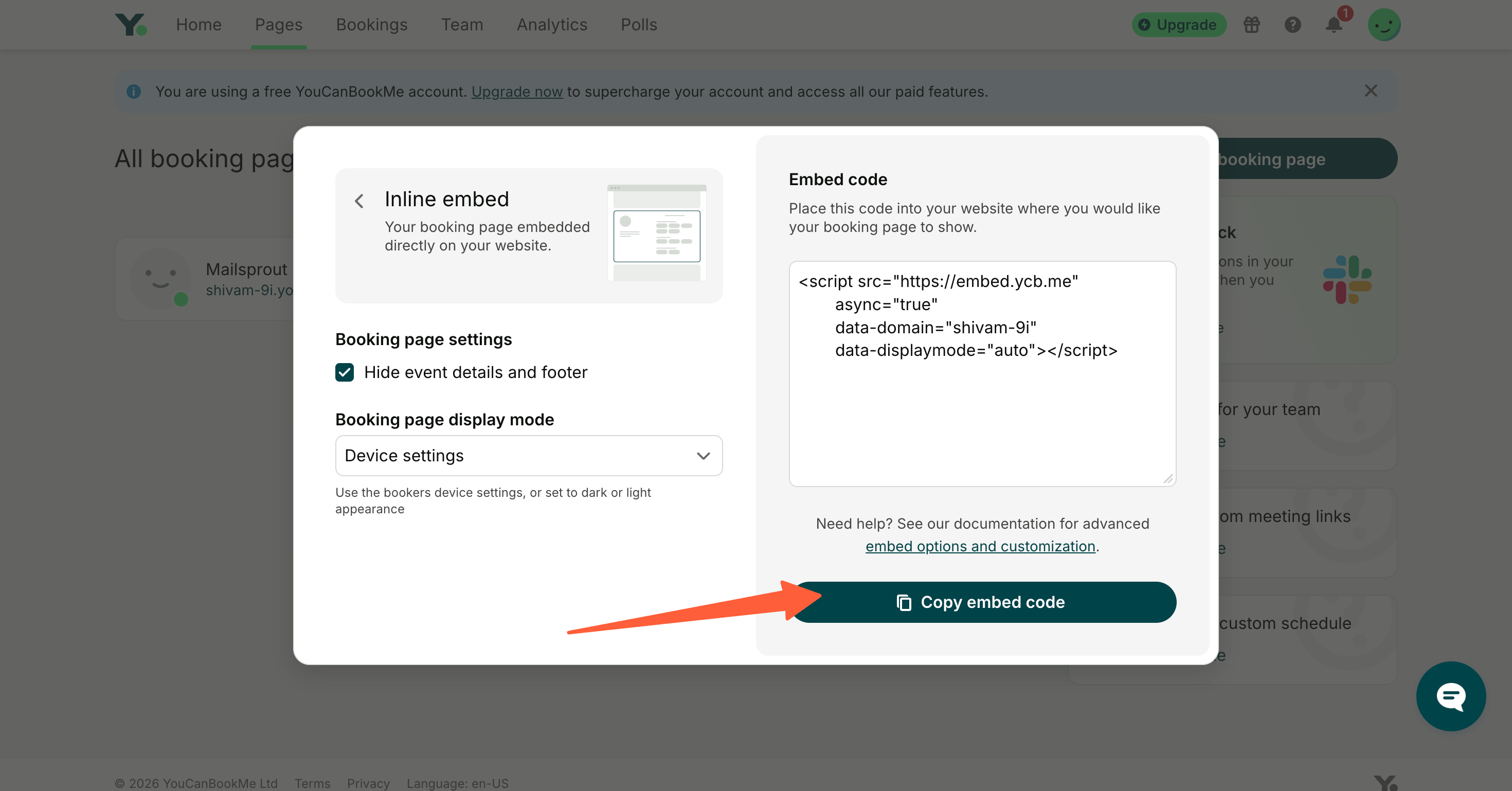 YouCanBookMe Share dialog showing the three embed types
