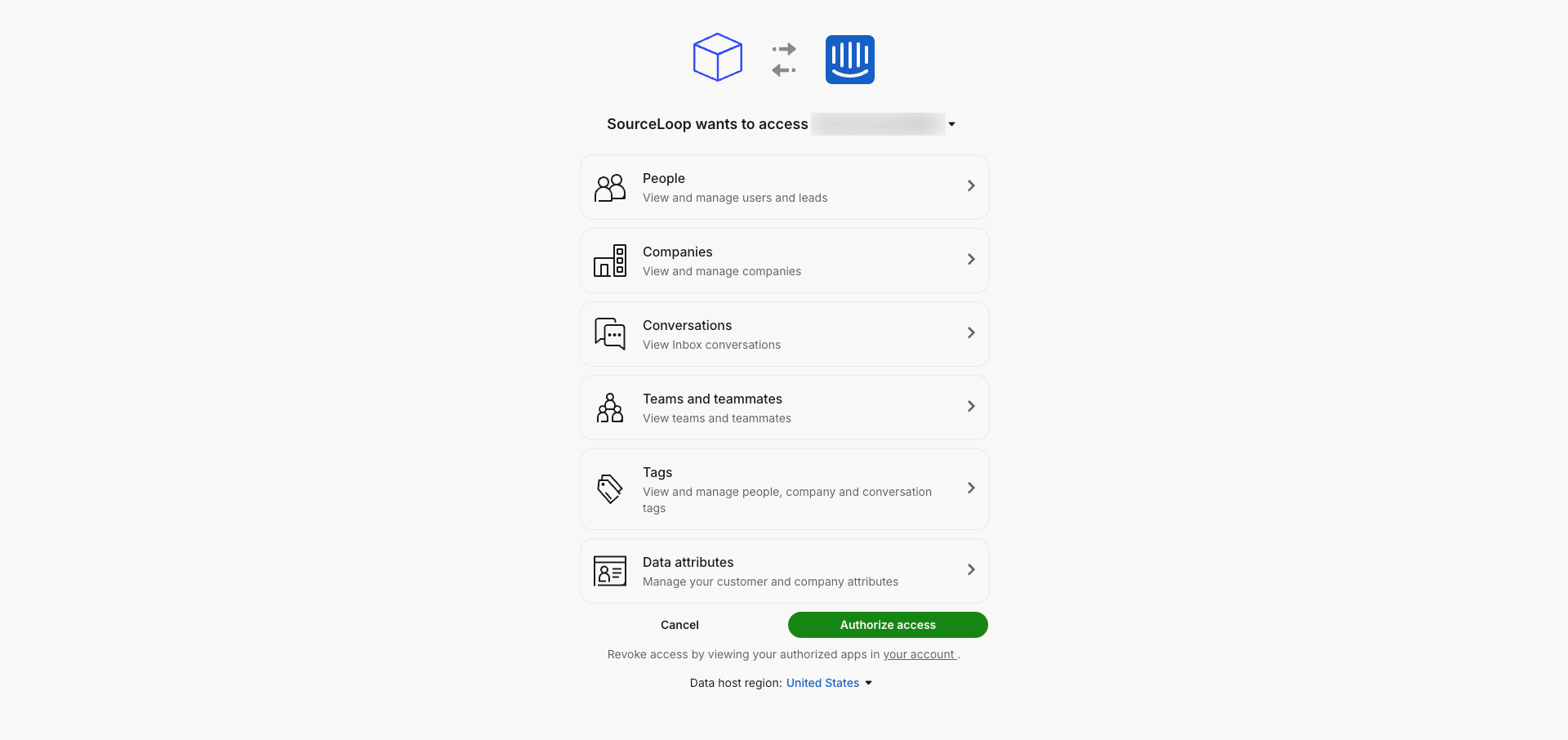Intercom OAuth consent screen titled SourceLoop wants to access your workspace, listing People, Companies, Conversations, Teams and teammates, Tags, and Data attributes scopes, with an Authorize access button
