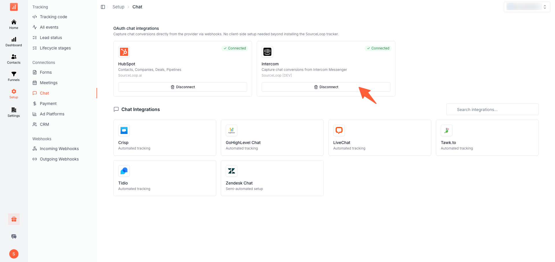 SourceLoop Setup Chat page with the Intercom card under OAuth chat integrations showing a Connected status and a red arrow pointing at the Disconnect button at the bottom of the card