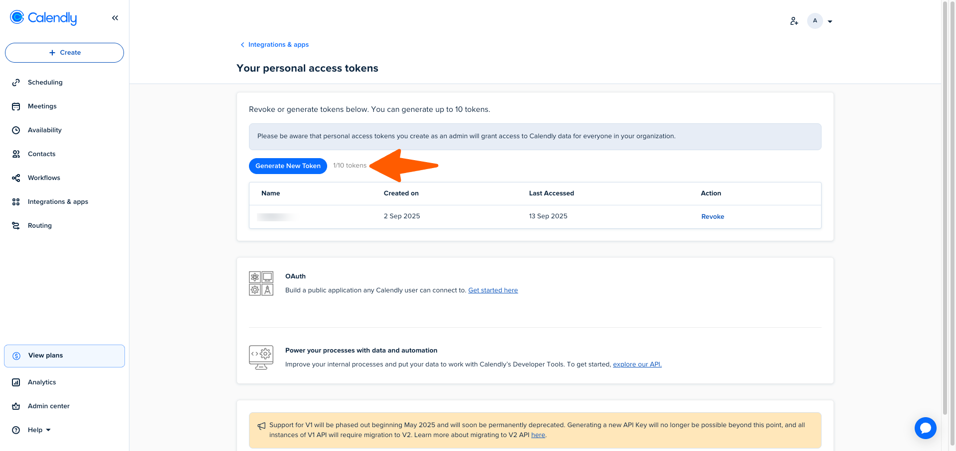 Calendly Personal Access Tokens screen with the Generate New Token button highlighted