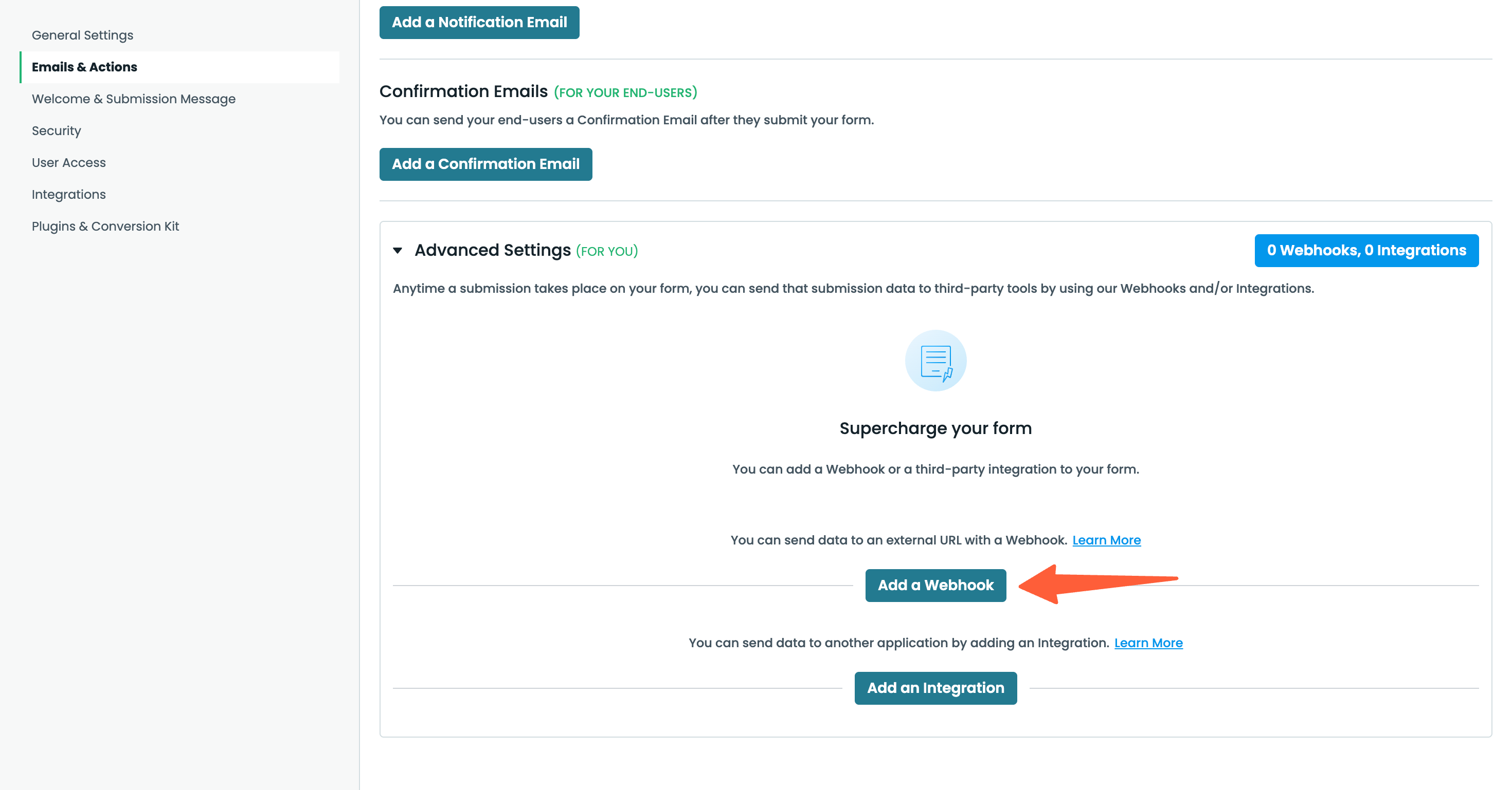 Formstack Emails and Actions panel with Add Webhook button