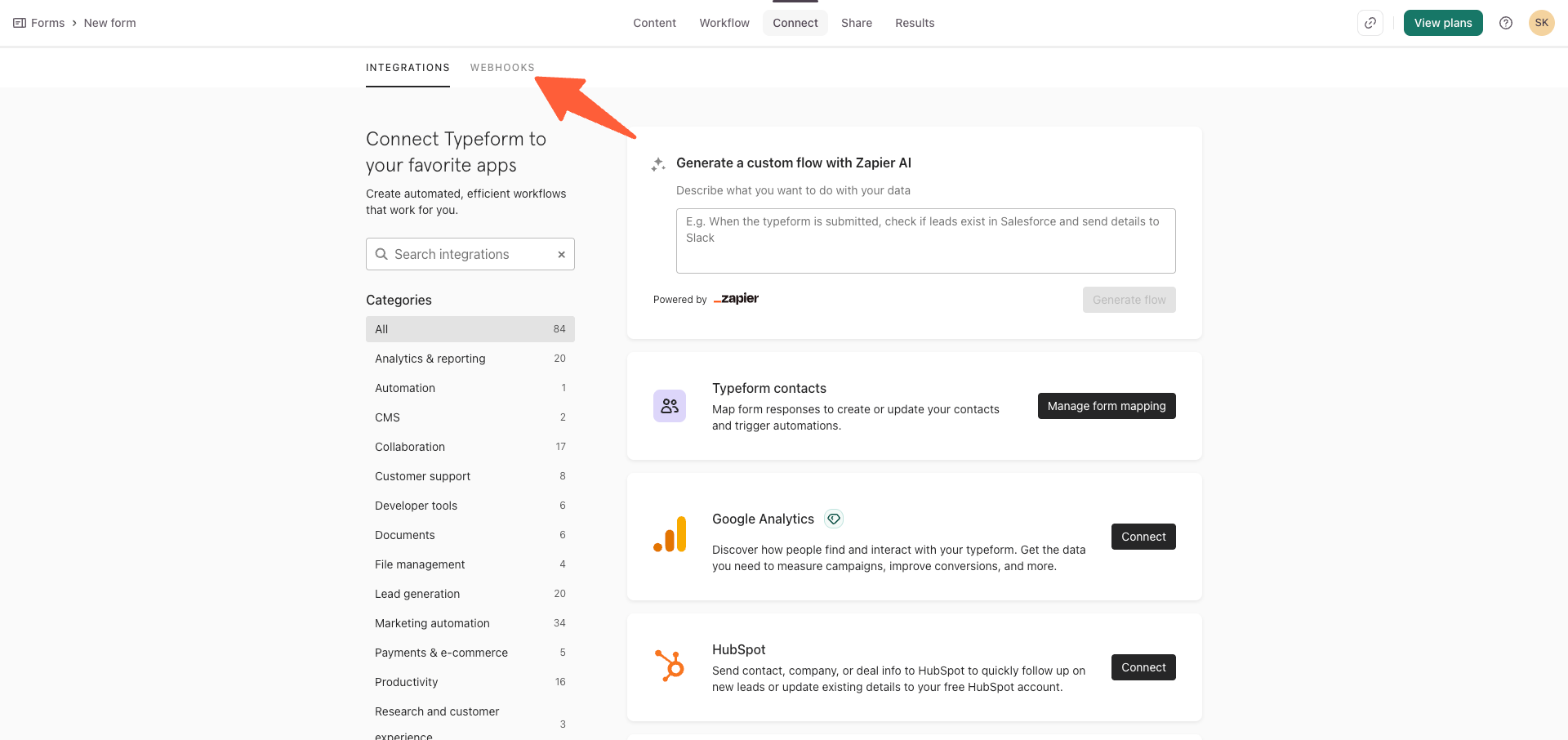 Typeform Connect section showing the Webhooks tab