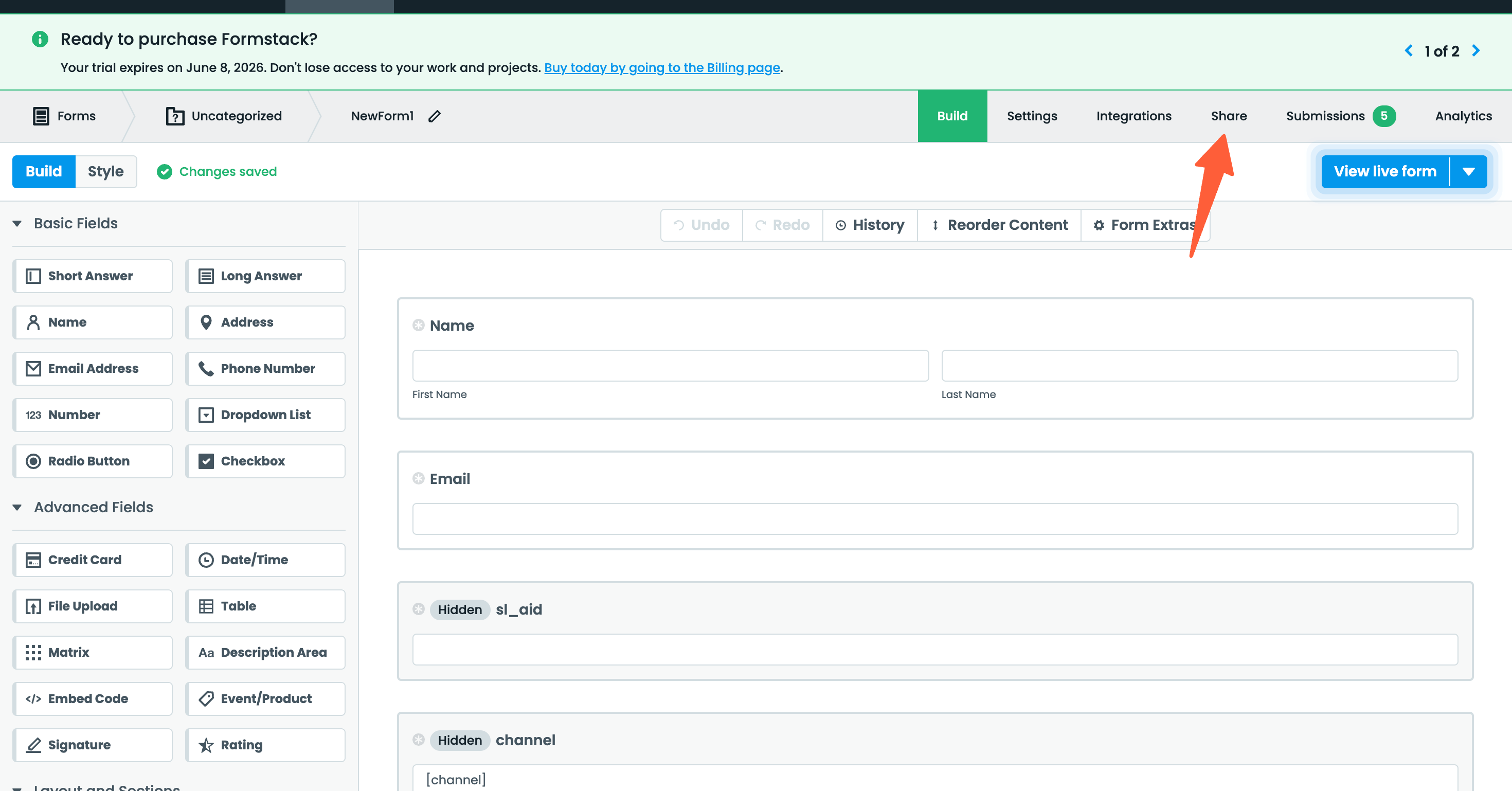 Formstack form builder with the Share menu open