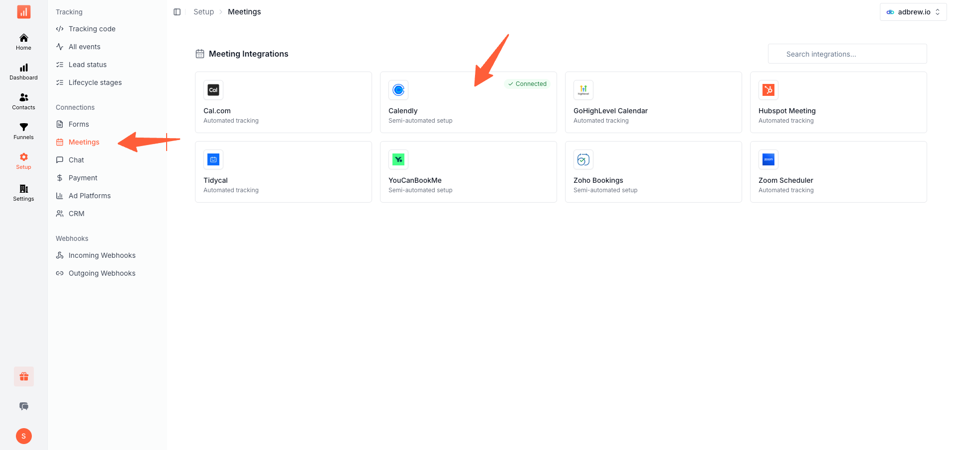 SourceLoop Setup page on the Meeting tab with Calendly highlighted