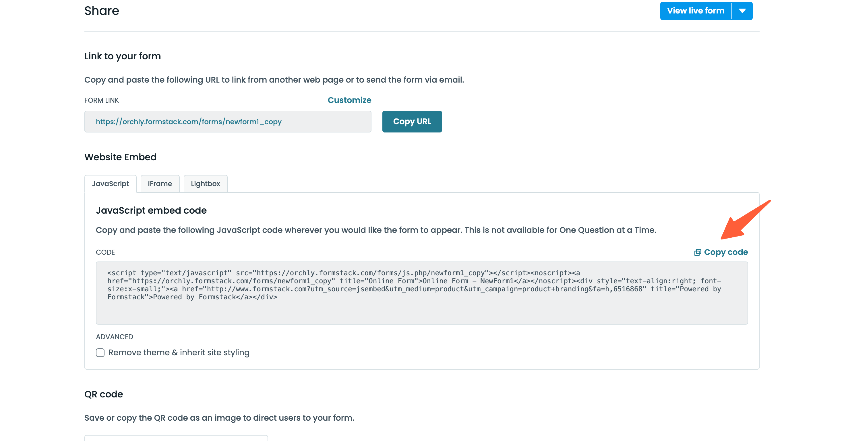 Formstack embed options showing JavaScript and iframe methods