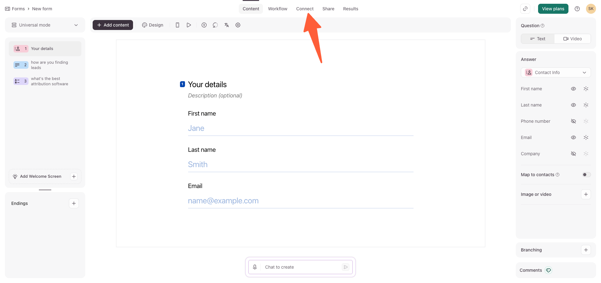 Typeform builder with the Connect tab highlighted
