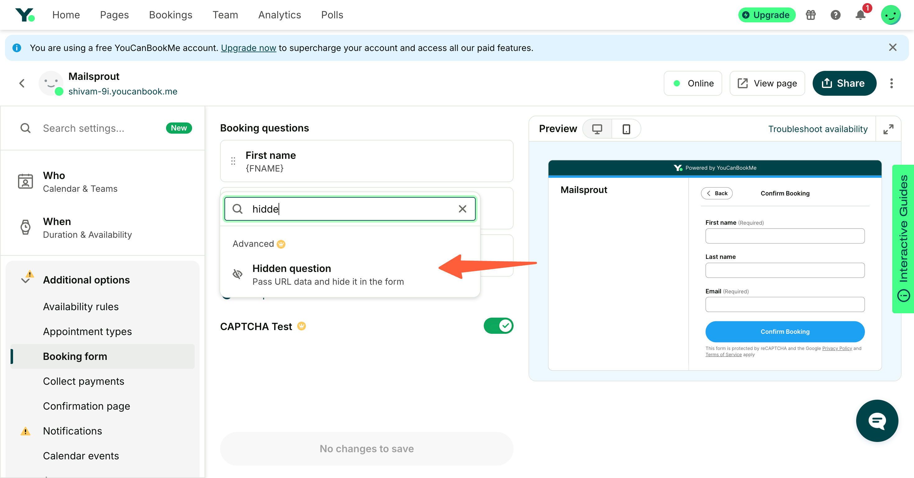 YouCanBookMe question type picker with Hidden Question selected